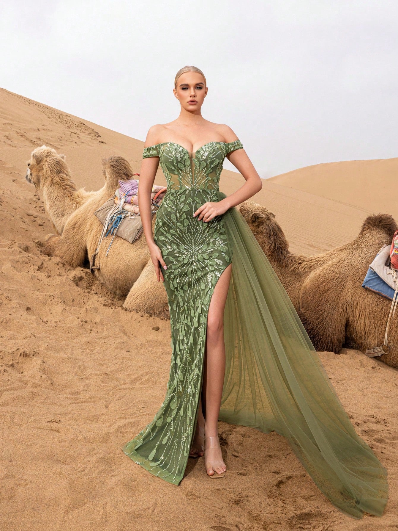Gorgeous Off Shoulder Split Thigh Mesh Overlay Beaded Formal Dresses & Evening Gowns