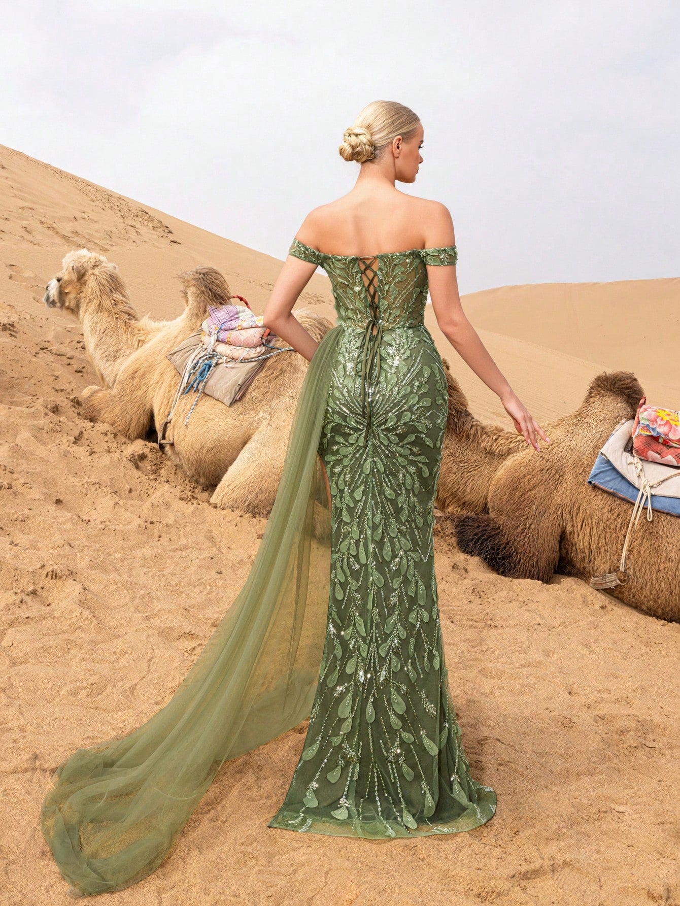 Gorgeous Off Shoulder Split Thigh Mesh Overlay Beaded Formal Dresses & Evening Gowns