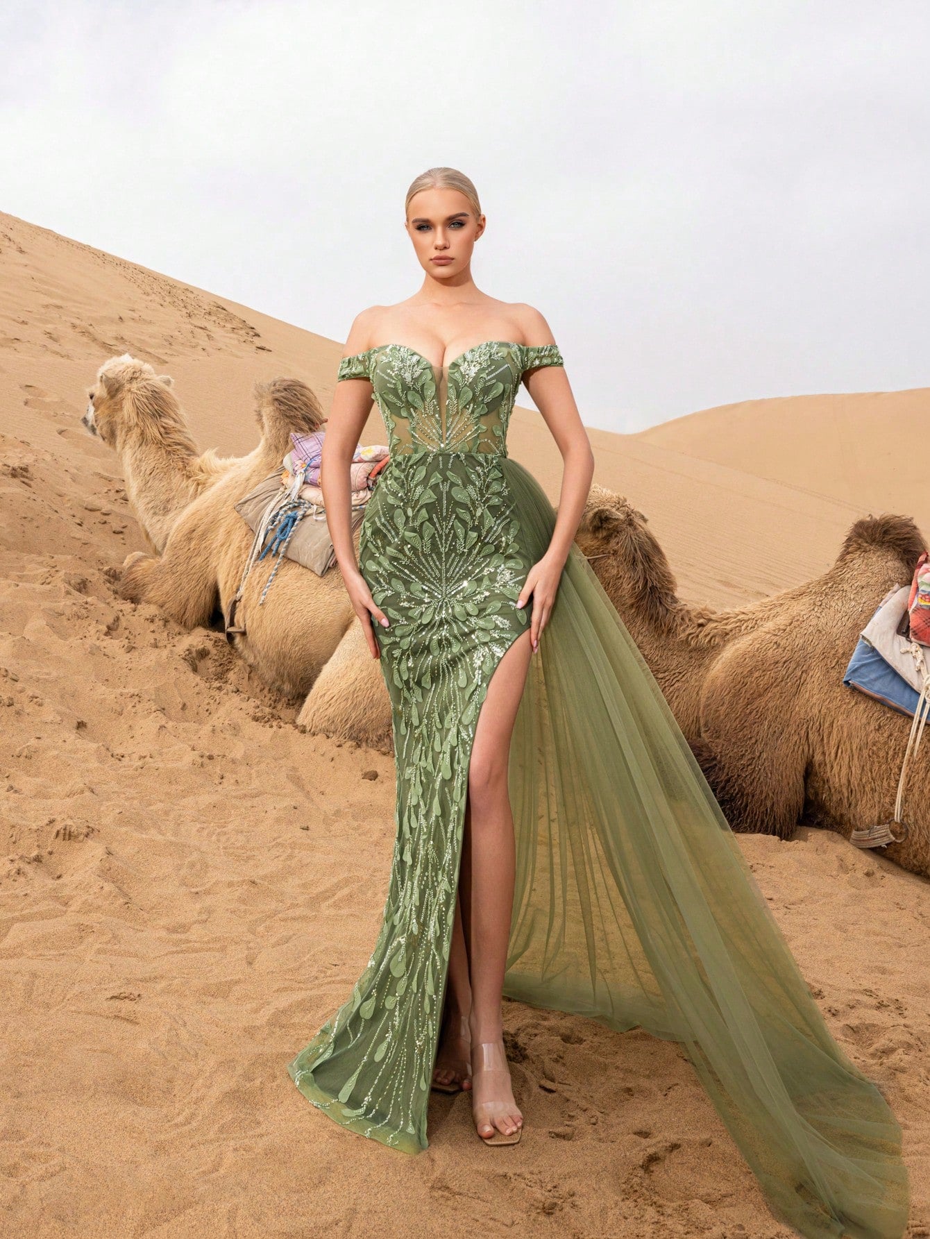 Gorgeous Off Shoulder Split Thigh Mesh Overlay Beaded Formal Dresses & Evening Gowns
