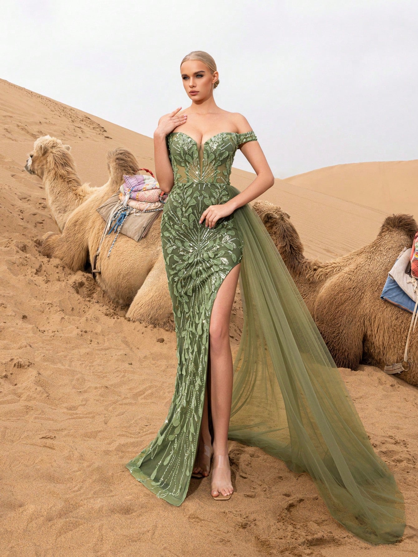 Gorgeous Off Shoulder Split Thigh Mesh Overlay Beaded Formal Dresses & Evening Gowns