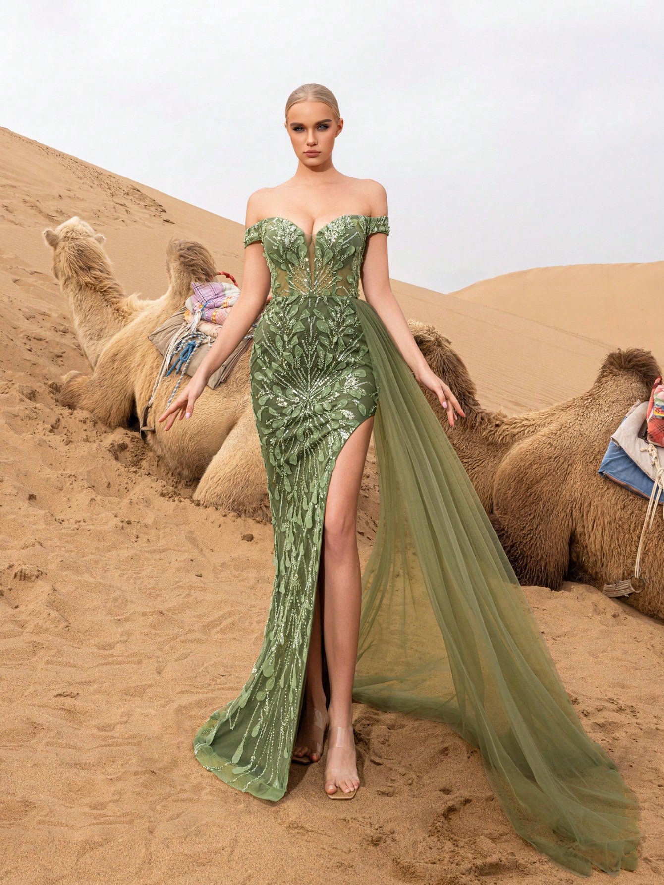 Gorgeous Off Shoulder Split Thigh Mesh Overlay Beaded Formal Dresses & Evening Gowns