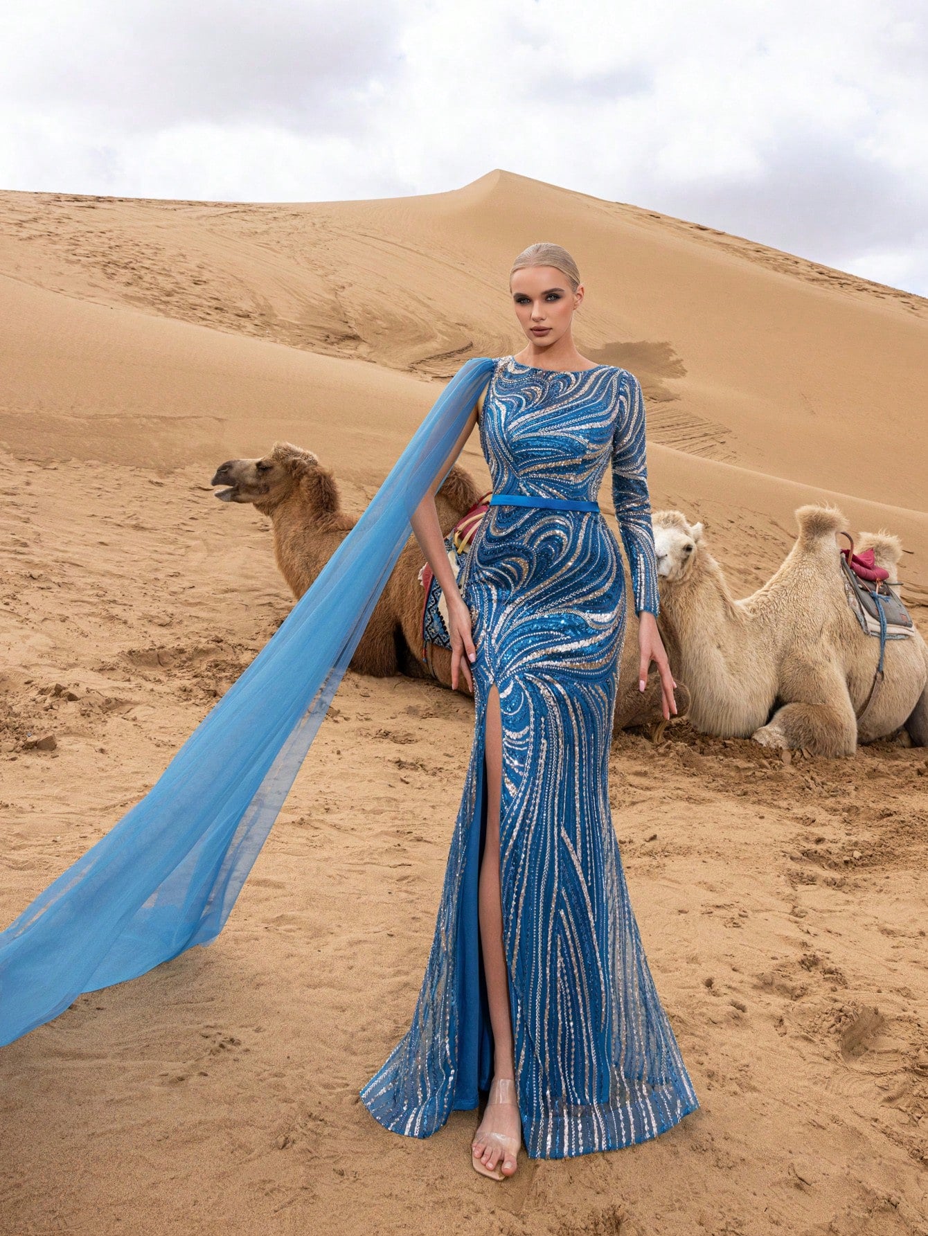 Luxury Draped Side Graphic Sequin Beaded Formal Dresses & Evening Gowns