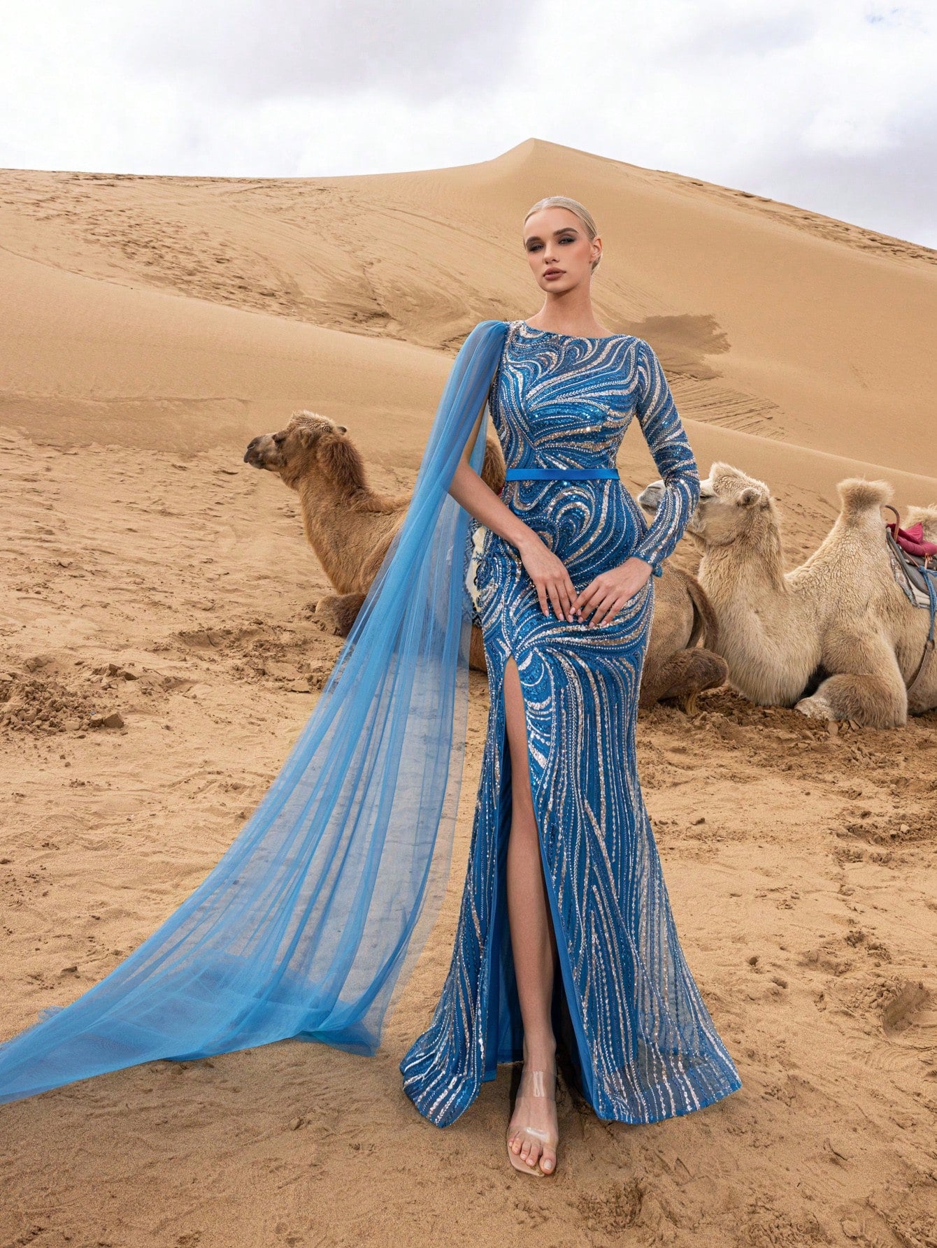 Luxury Draped Side Graphic Sequin Beaded Formal Dresses & Evening Gowns