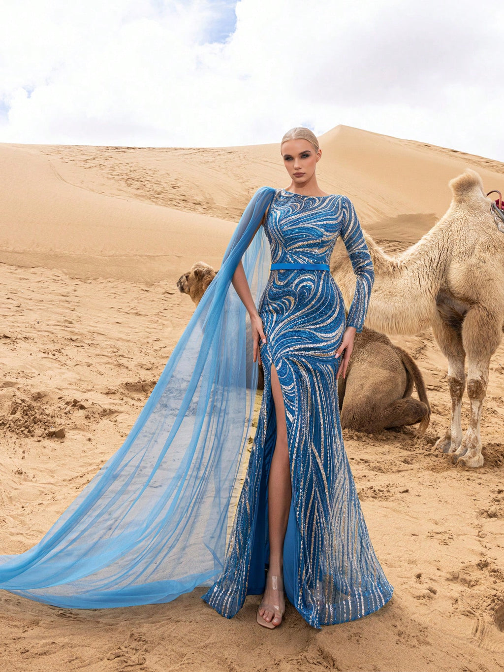 Luxury Draped Side Graphic Sequin Beaded Formal Dresses & Evening Gowns