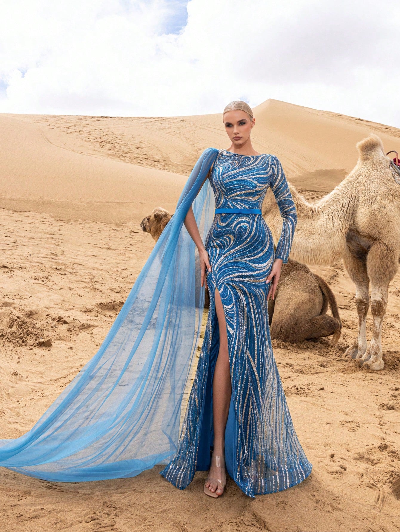 Luxury Draped Side Graphic Sequin Beaded Formal Dresses & Evening Gowns
