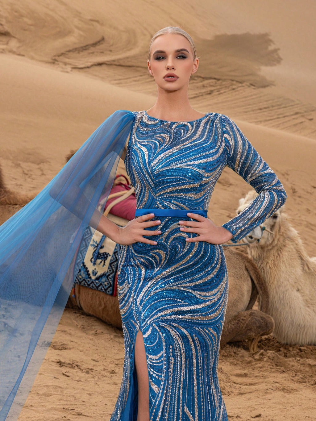 Luxury Draped Side Graphic Sequin Beaded Formal Dresses & Evening Gowns