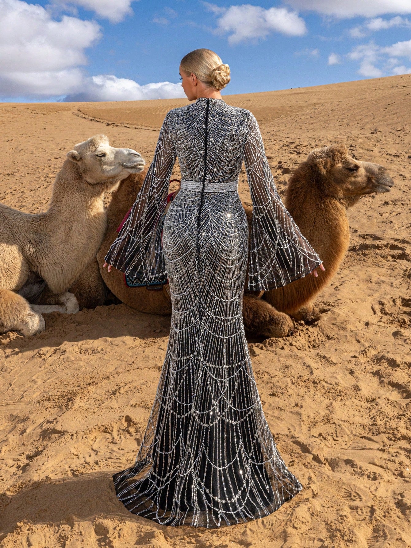 Elegant High-Neck Trumpet-Sleeve Beaded Mermaid Evening Gown with Intricate Piping Detailing