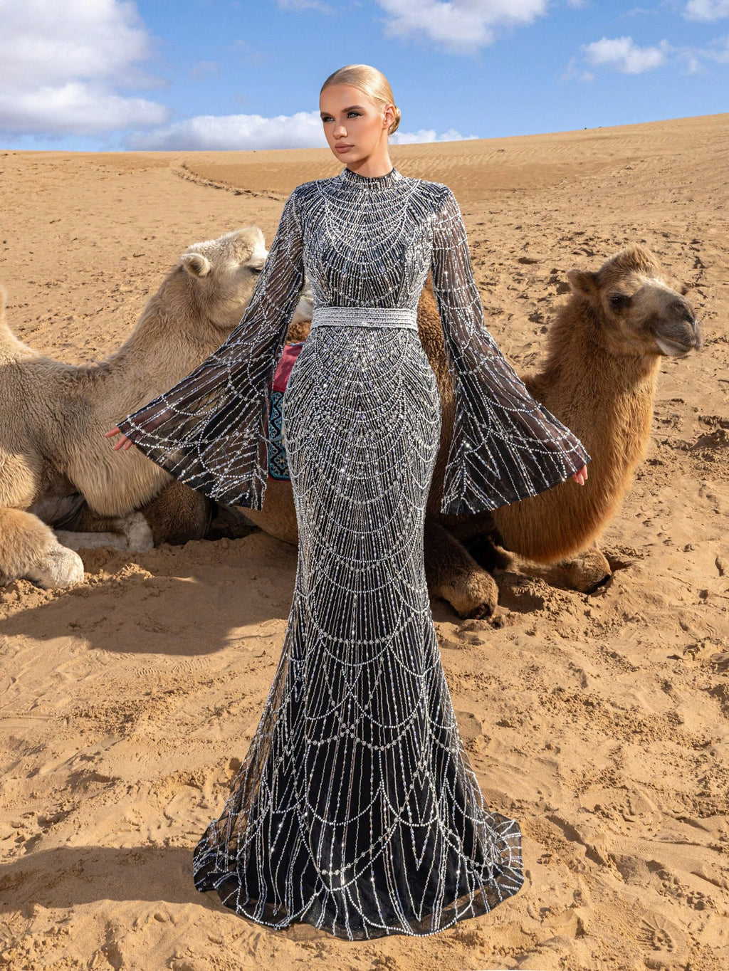 Elegant High-Neck Trumpet-Sleeve Beaded Mermaid Evening Gown with Intricate Piping Detailing