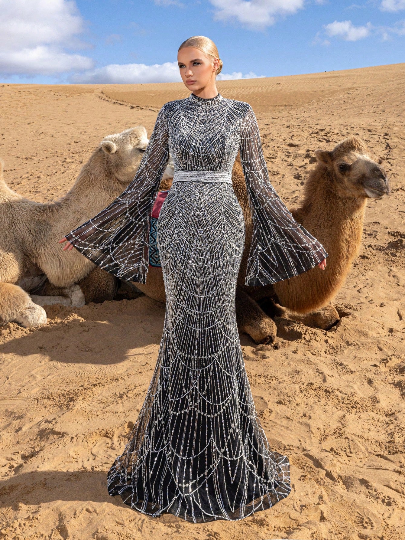 Elegant High-Neck Trumpet-Sleeve Beaded Mermaid Evening Gown with Intricate Piping Detailing