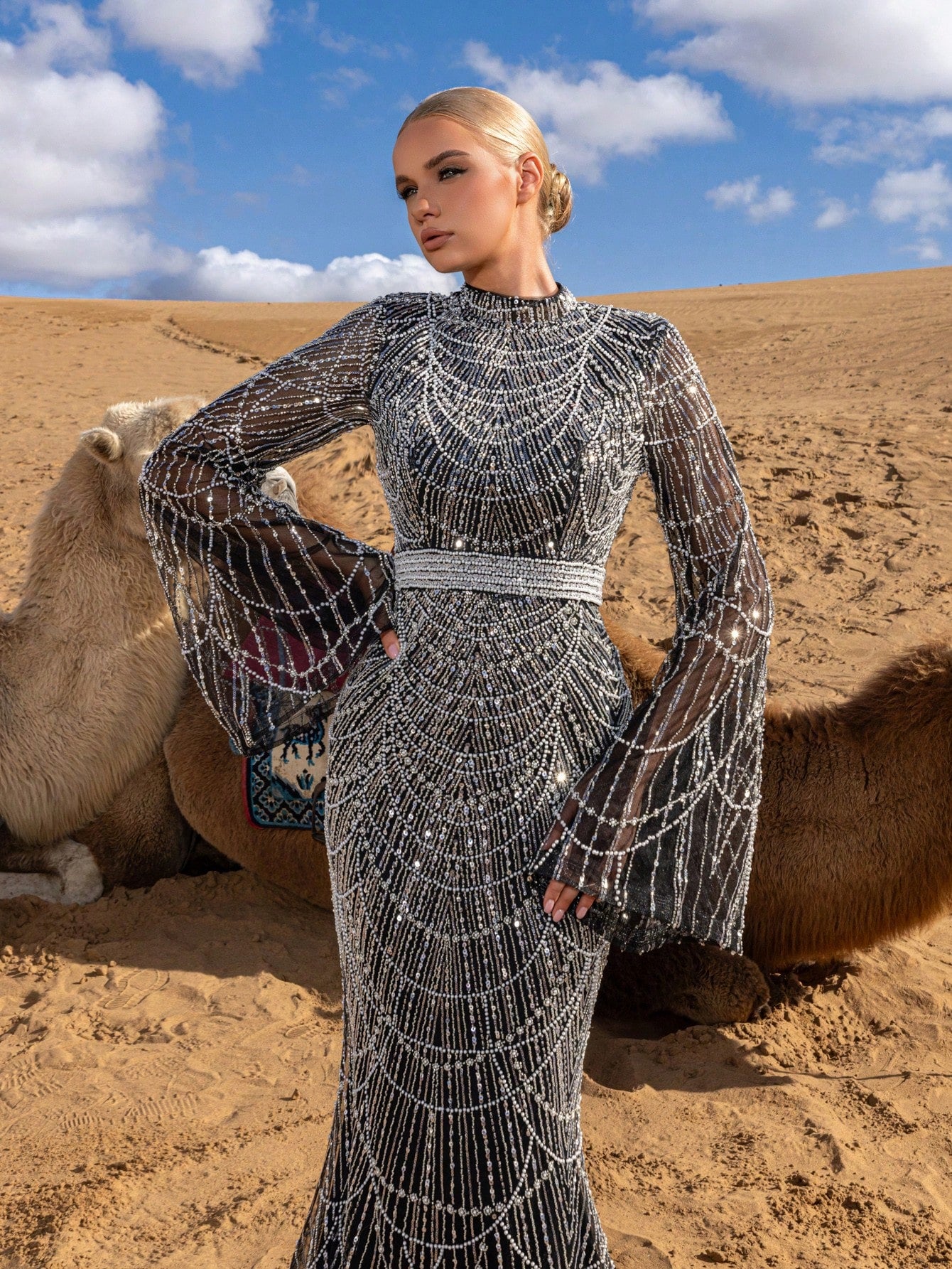 Elegant High-Neck Trumpet-Sleeve Beaded Mermaid Evening Gown with Intricate Piping Detailing