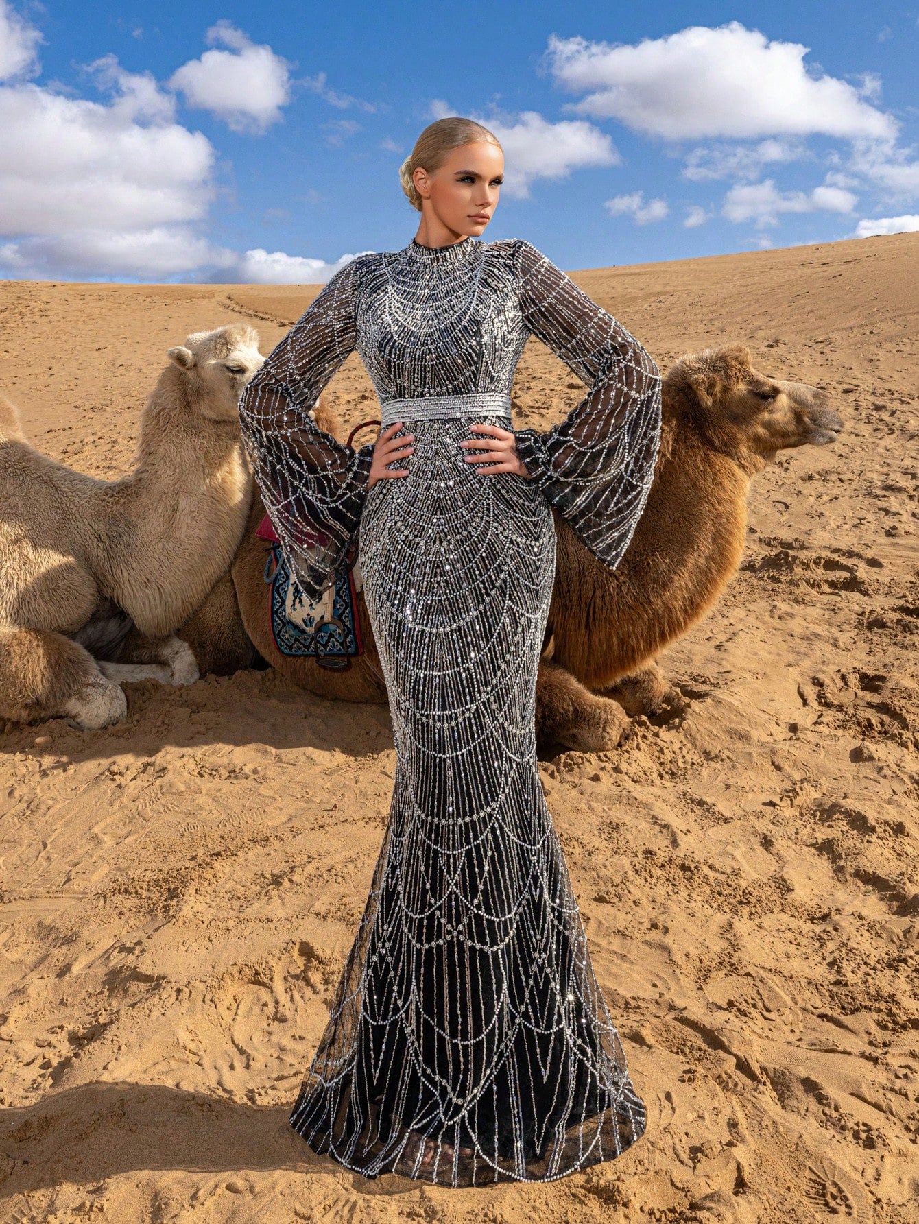 Elegant High-Neck Trumpet-Sleeve Beaded Mermaid Evening Gown with Intricate Piping Detailing