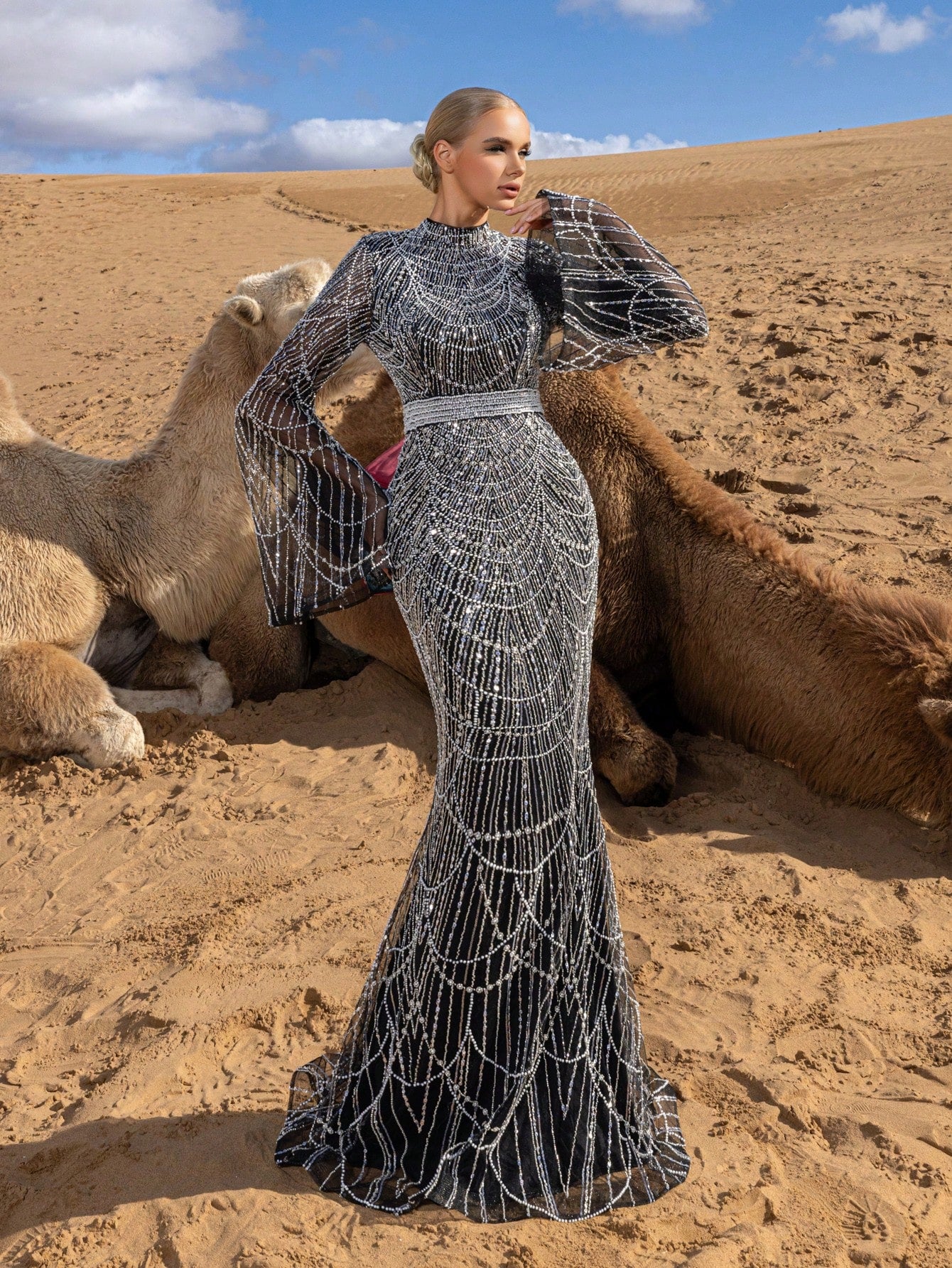 Elegant High-Neck Trumpet-Sleeve Beaded Mermaid Evening Gown with Intricate Piping Detailing