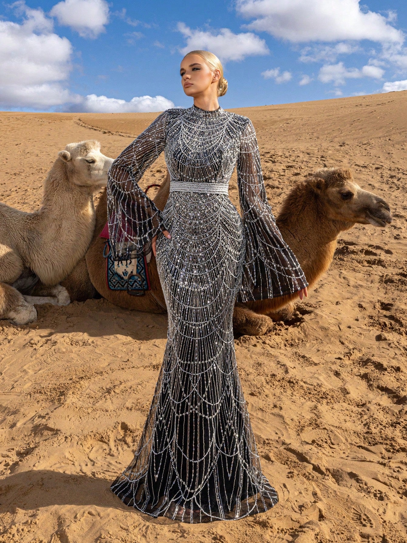 Elegant High-Neck Trumpet-Sleeve Beaded Mermaid Evening Gown with Intricate Piping Detailing