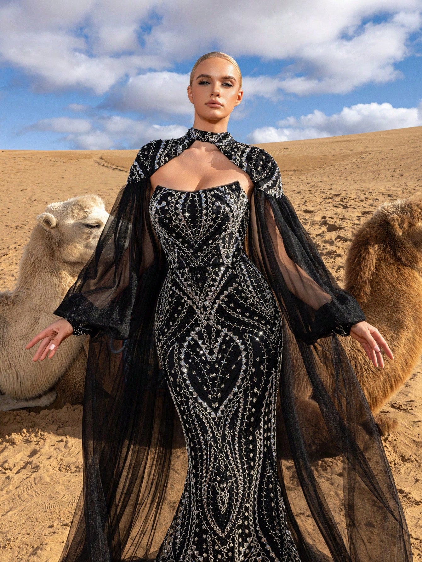 Gorgeous Mock Neck Lantern Sleeves Beaded Formal Prom Dresses & Evening Gowns