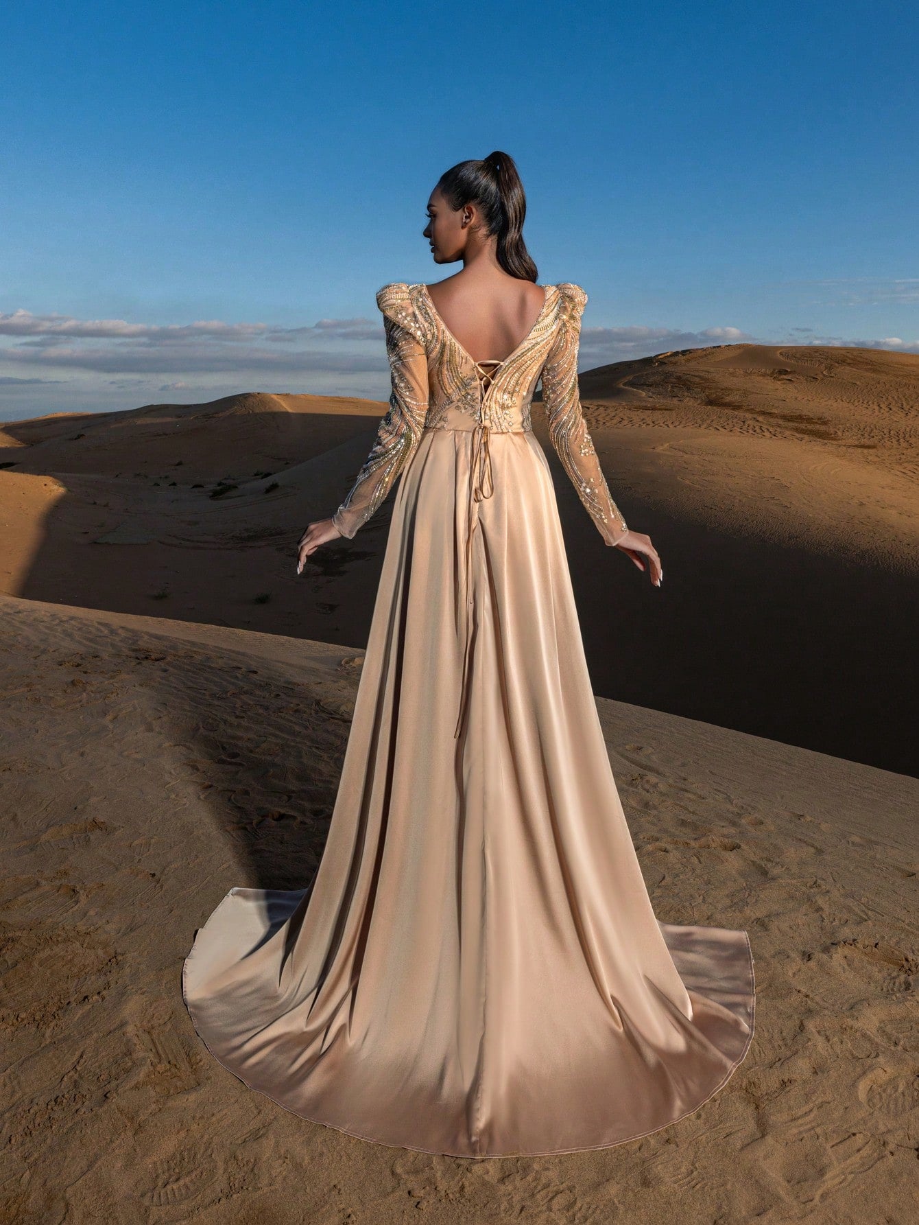 Gorgeous Plunging Neck Satin Train Mermaid Hem Graphic Sequin Beaded Formal Dresses & Evening Gowns
