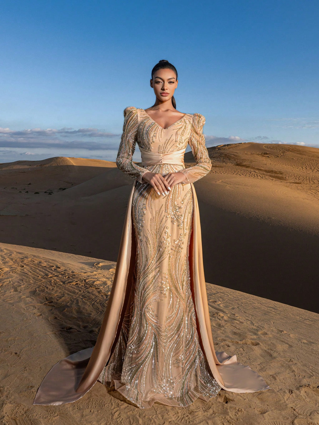 Gorgeous Plunging Neck Satin Train Mermaid Hem Graphic Sequin Beaded Formal Dresses & Evening Gowns