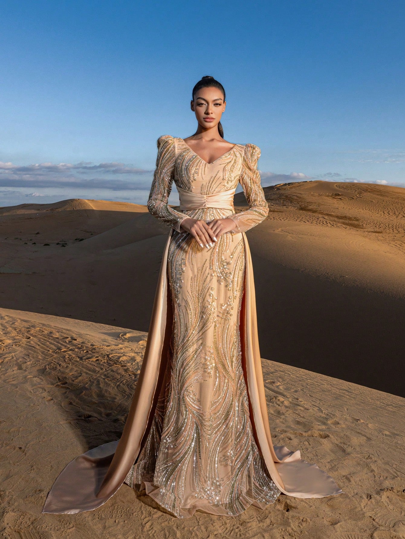 Gorgeous Plunging Neck Satin Train Mermaid Hem Graphic Sequin Beaded Formal Dresses & Evening Gowns
