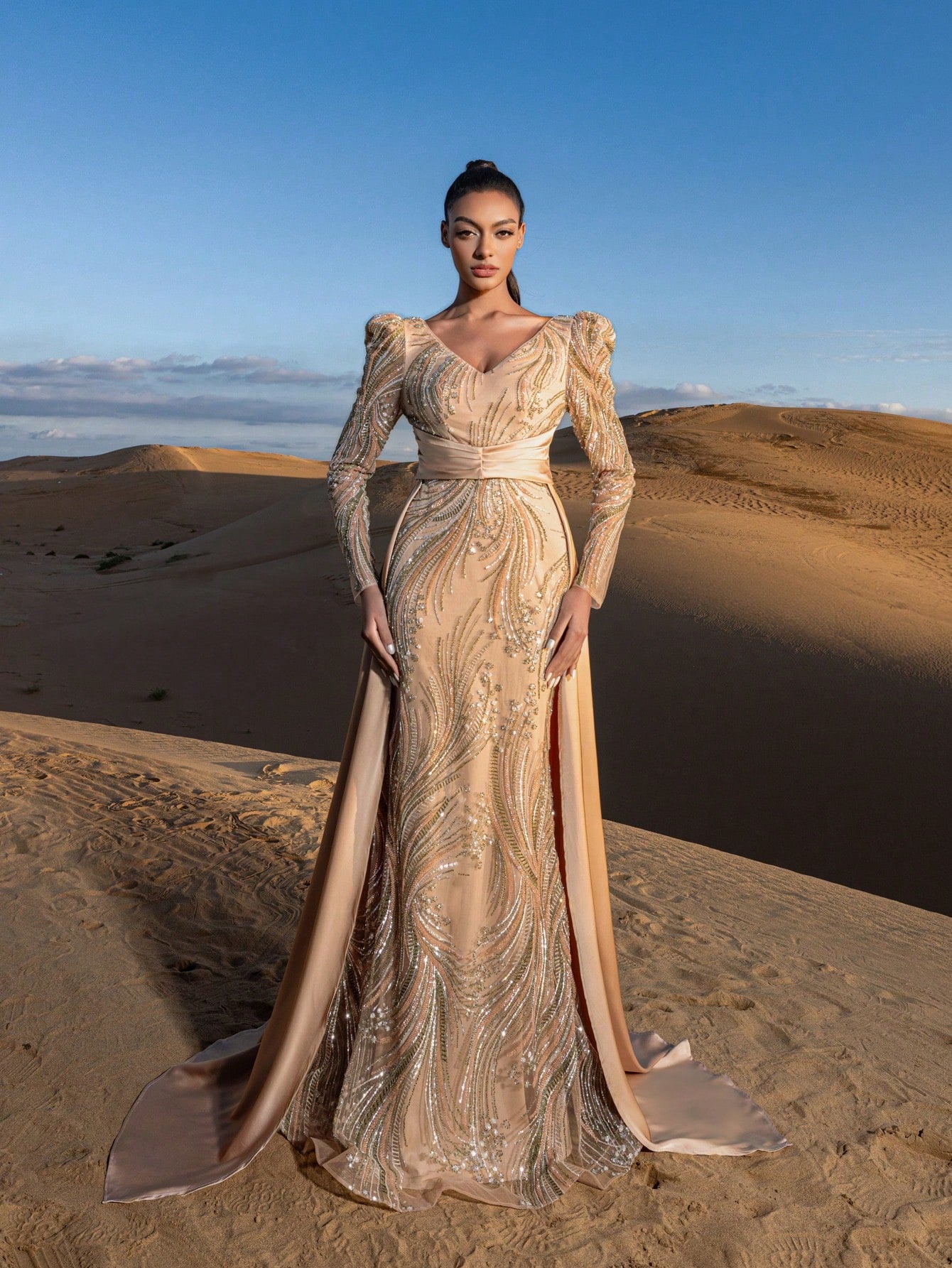 Gorgeous Plunging Neck Satin Train Mermaid Hem Graphic Sequin Beaded Formal Dresses & Evening Gowns