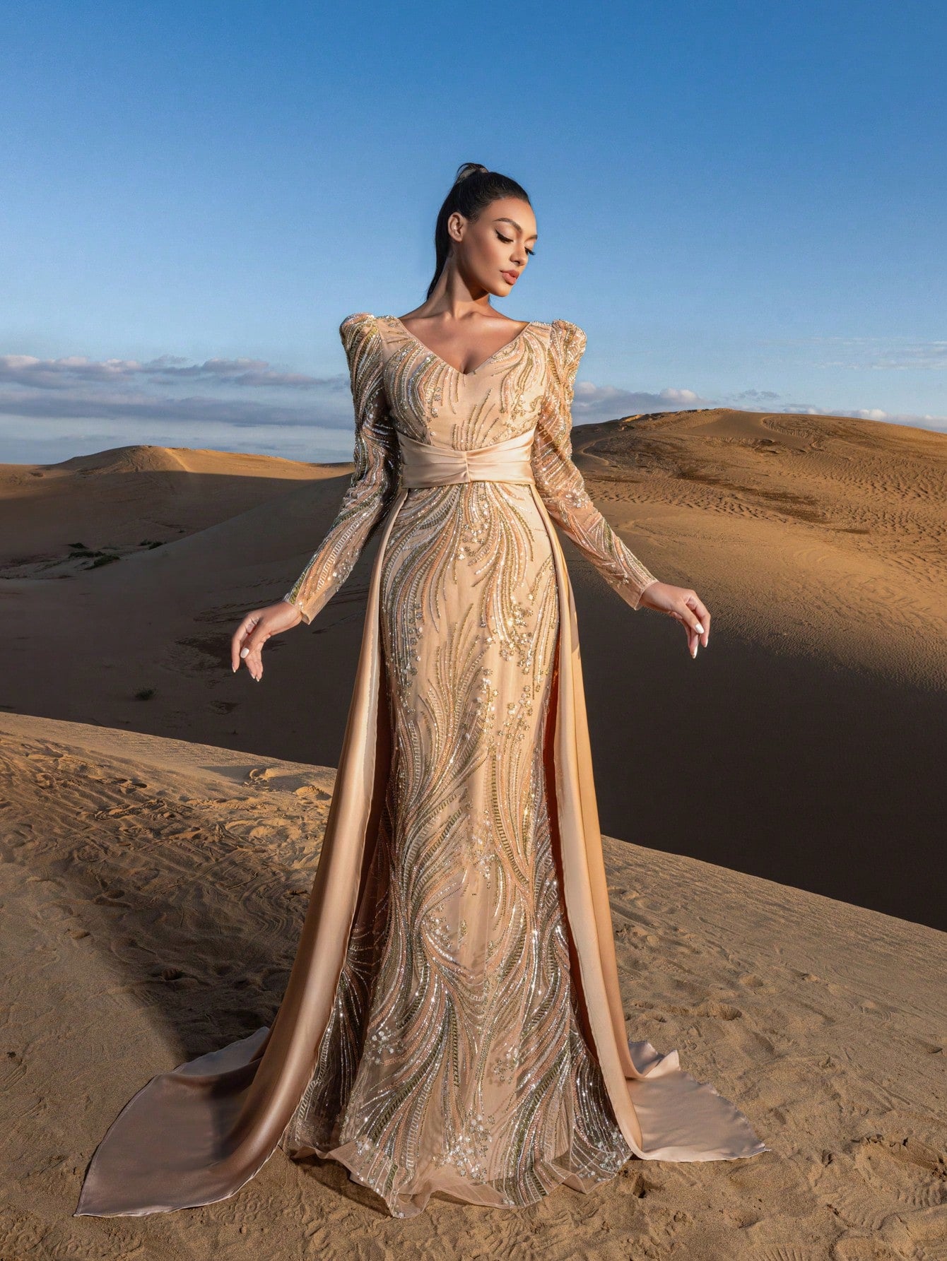 Gorgeous Plunging Neck Satin Train Mermaid Hem Graphic Sequin Beaded Formal Dresses & Evening Gowns