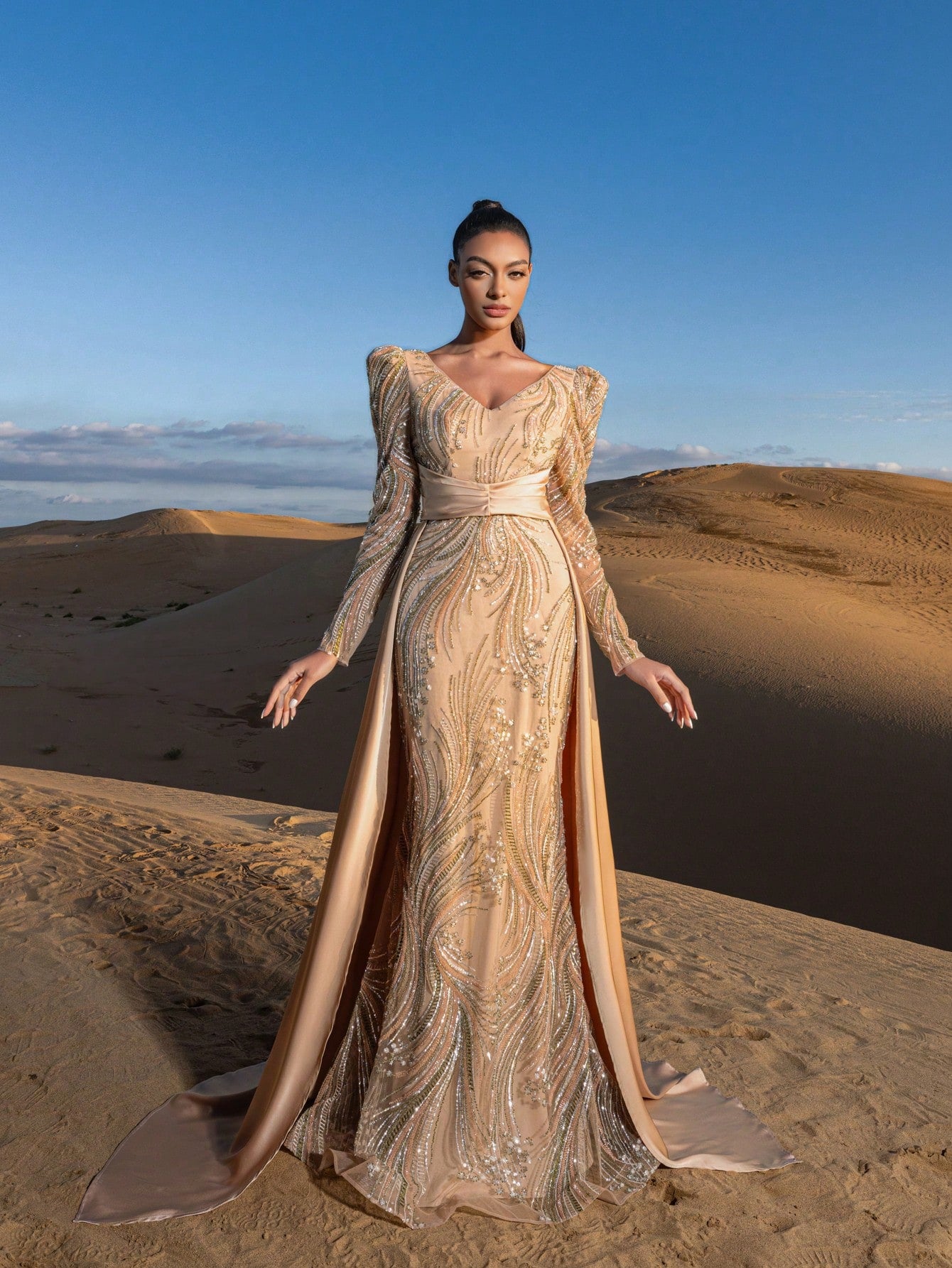 Gorgeous Plunging Neck Satin Train Mermaid Hem Graphic Sequin Beaded Formal Dresses & Evening Gowns