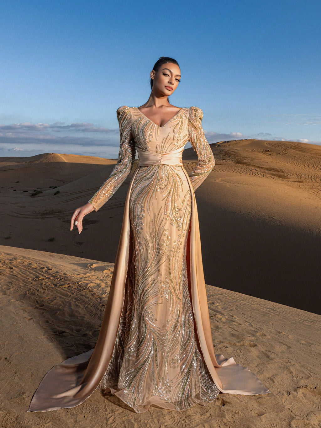 Gorgeous Plunging Neck Satin Train Mermaid Hem Graphic Sequin Beaded Formal Dresses & Evening Gowns