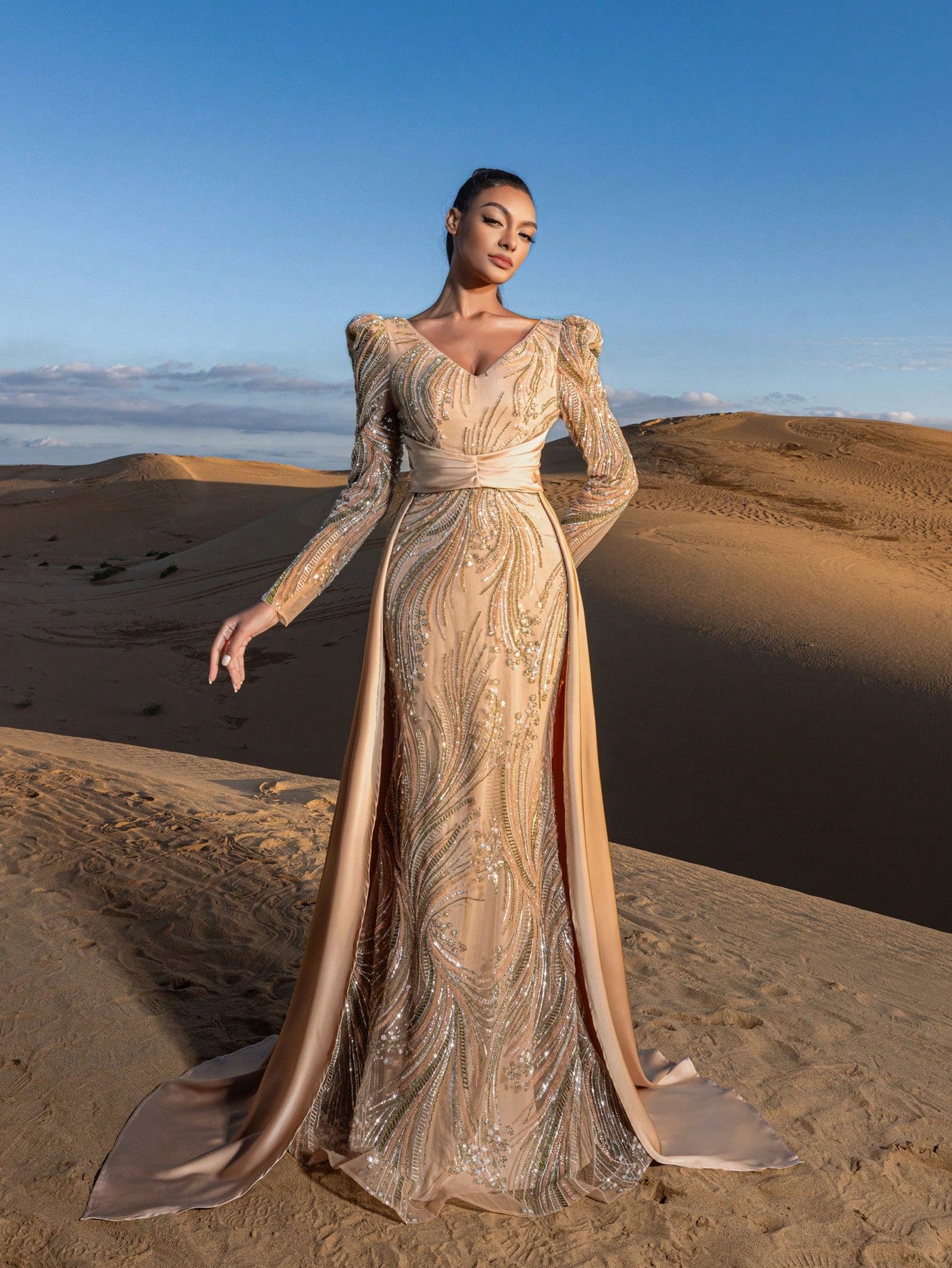 Gorgeous Plunging Neck Satin Train Mermaid Hem Graphic Sequin Beaded Formal Dresses & Evening Gowns