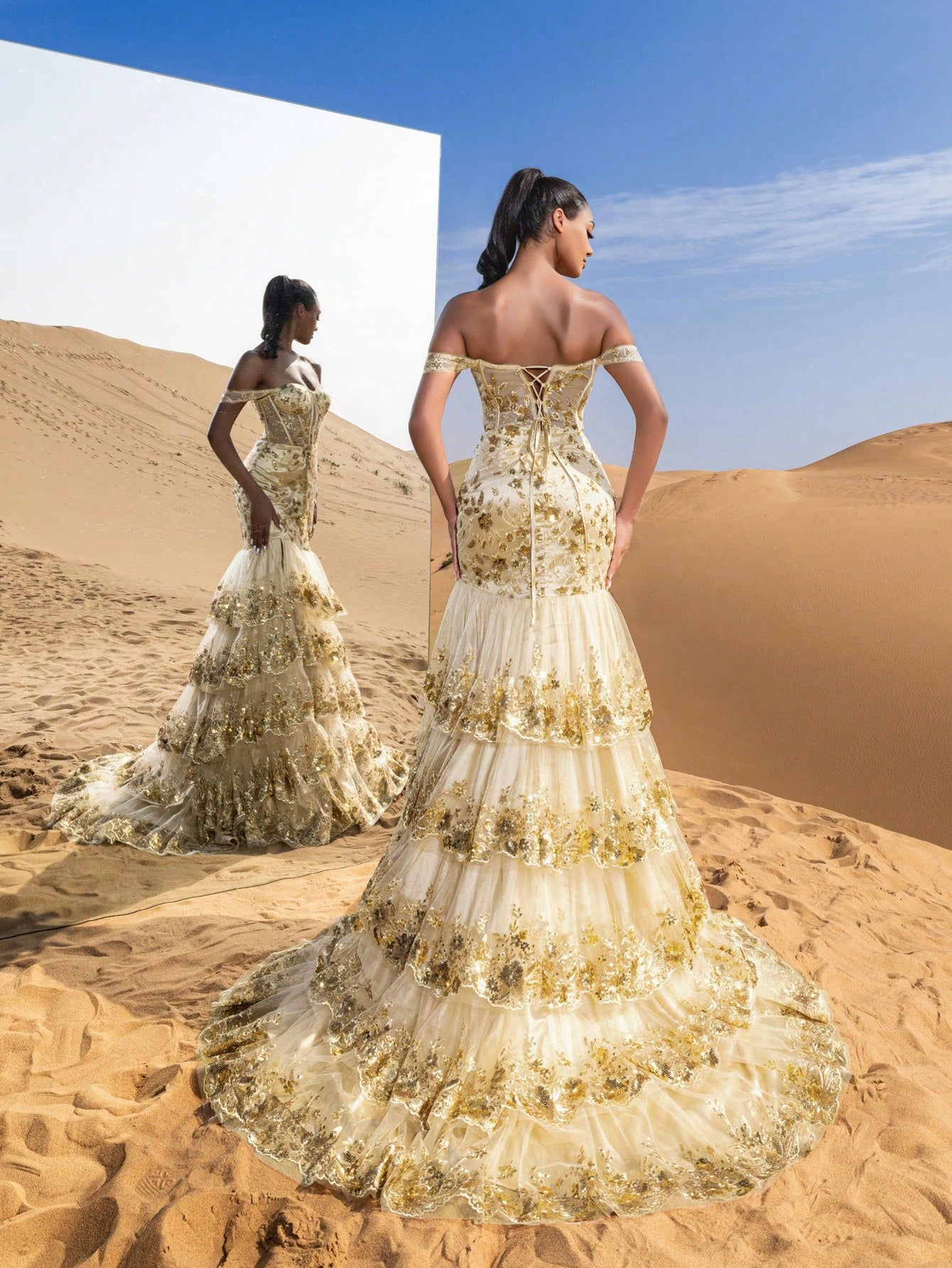 Gorgeous Off Shoulder Layered Mermaid Hem Floral Sequin Embroidered Formal Dresses & Evening Gowns