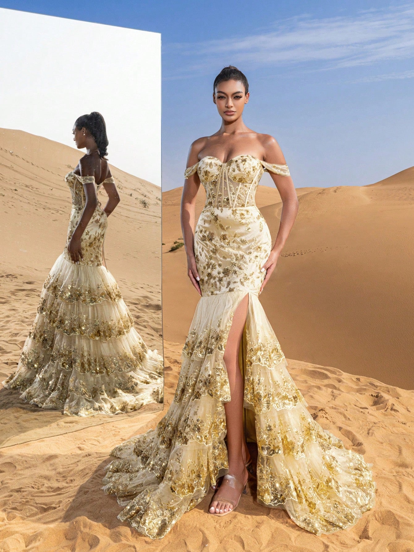 Gorgeous Off Shoulder Layered Mermaid Hem Floral Sequin Embroidered Formal Dresses & Evening Gowns