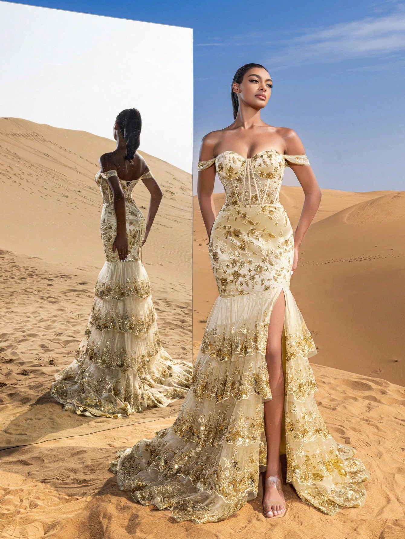 Gorgeous Off Shoulder Layered Mermaid Hem Floral Sequin Embroidered Formal Dresses & Evening Gowns