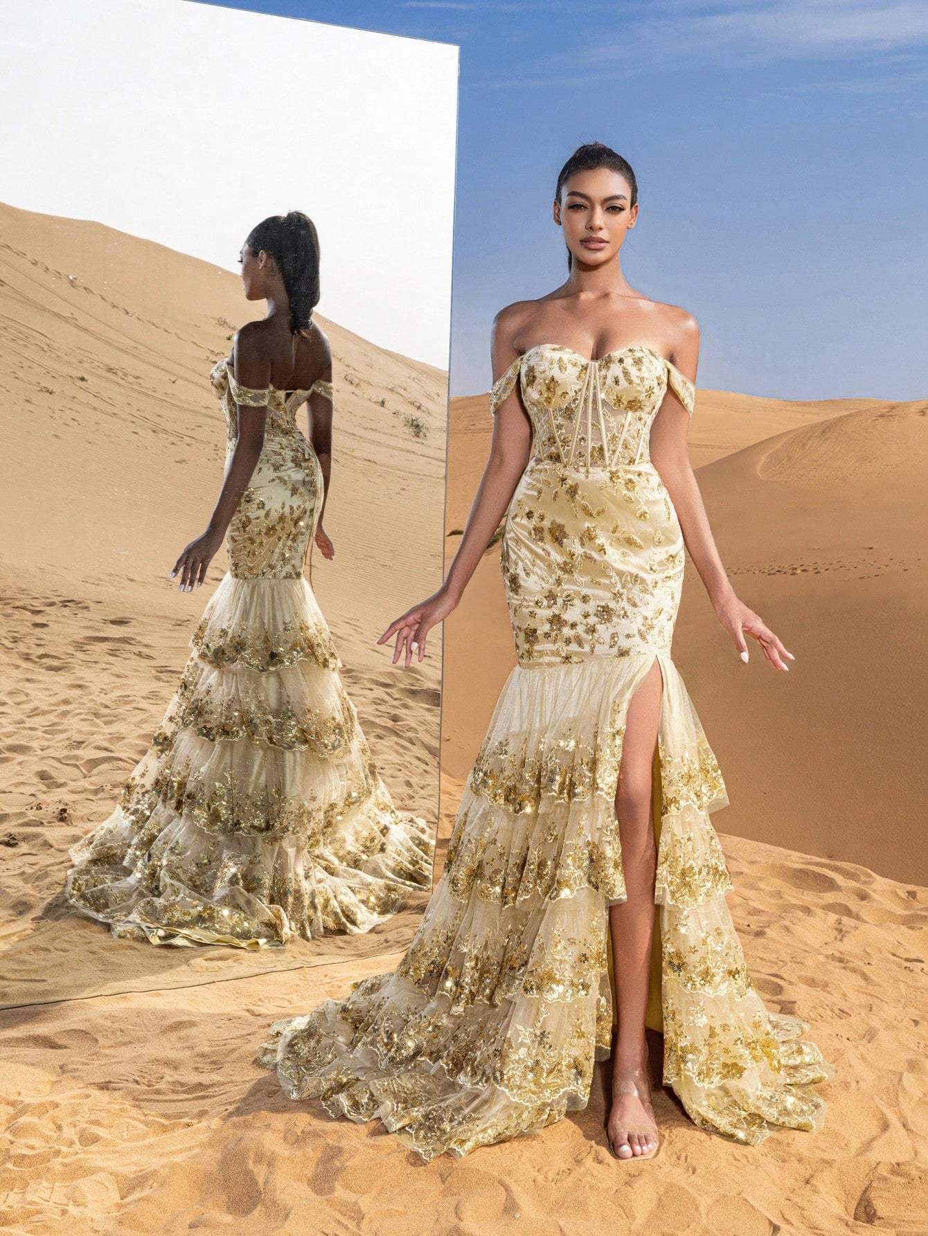 Gorgeous Off Shoulder Layered Mermaid Hem Floral Sequin Embroidered Formal Dresses & Evening Gowns
