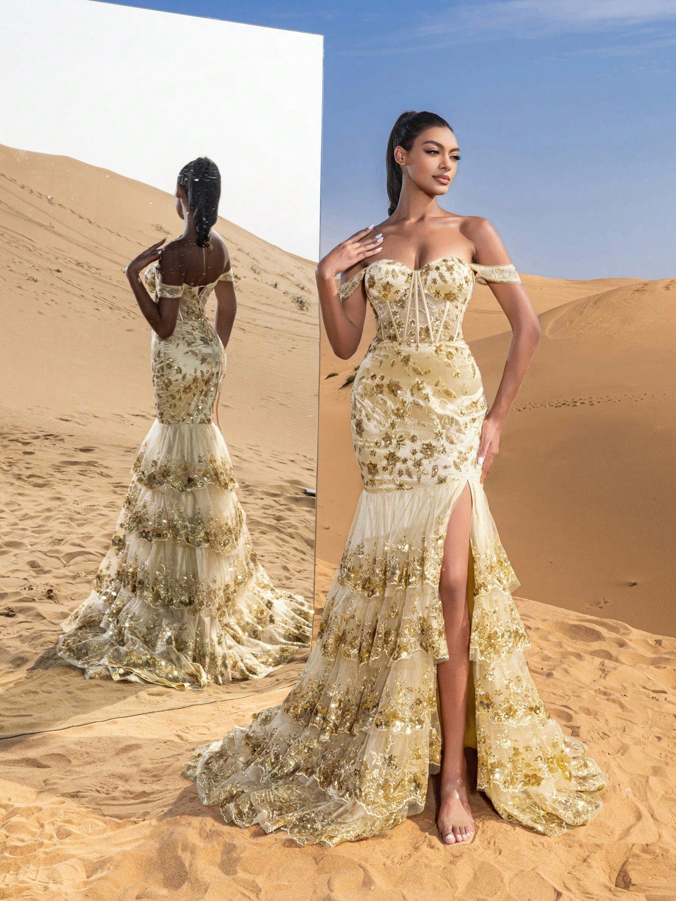 Gorgeous Off Shoulder Layered Mermaid Hem Floral Sequin Embroidered Formal Dresses & Evening Gowns