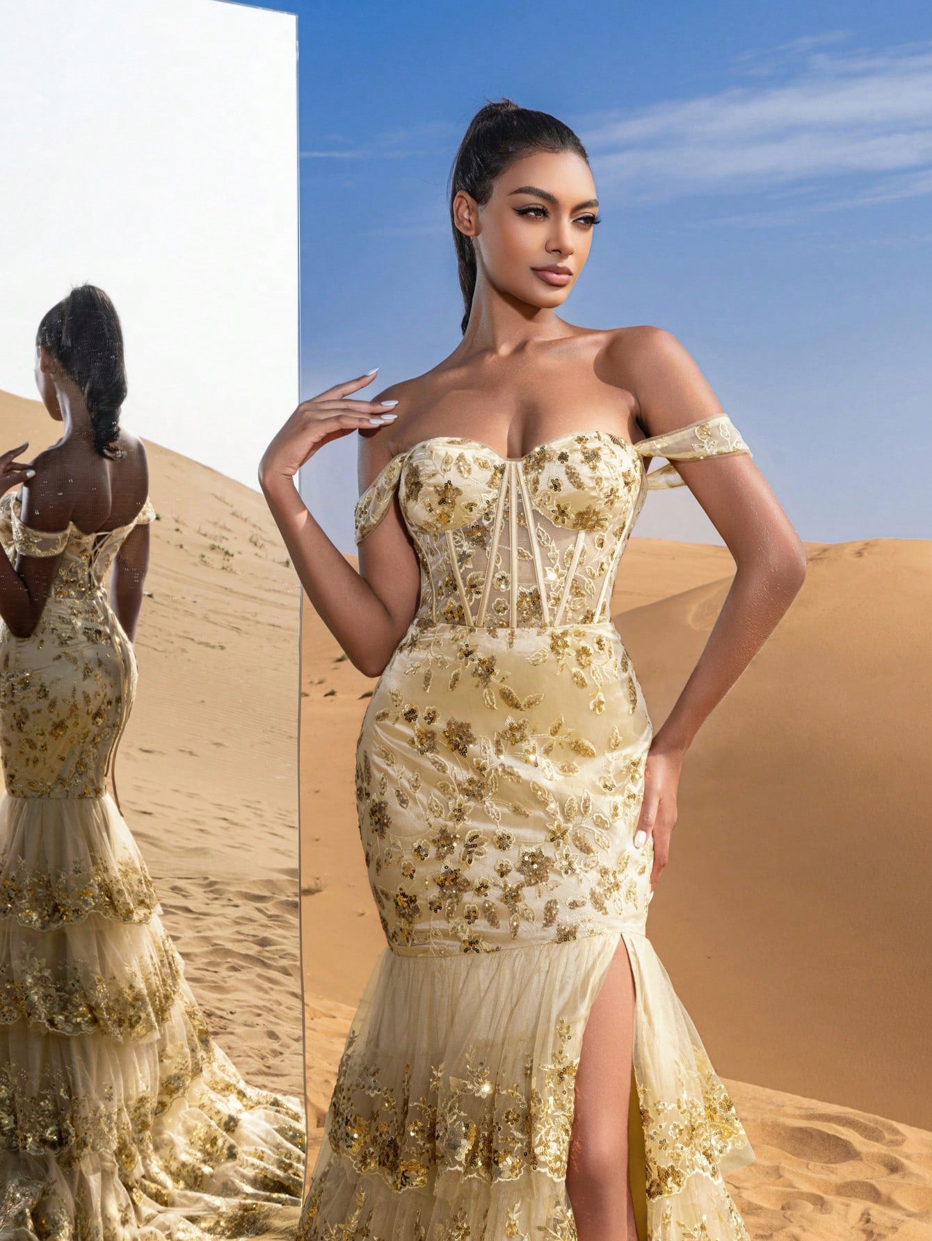 Gorgeous Off Shoulder Layered Mermaid Hem Floral Sequin Embroidered Formal Dresses & Evening Gowns