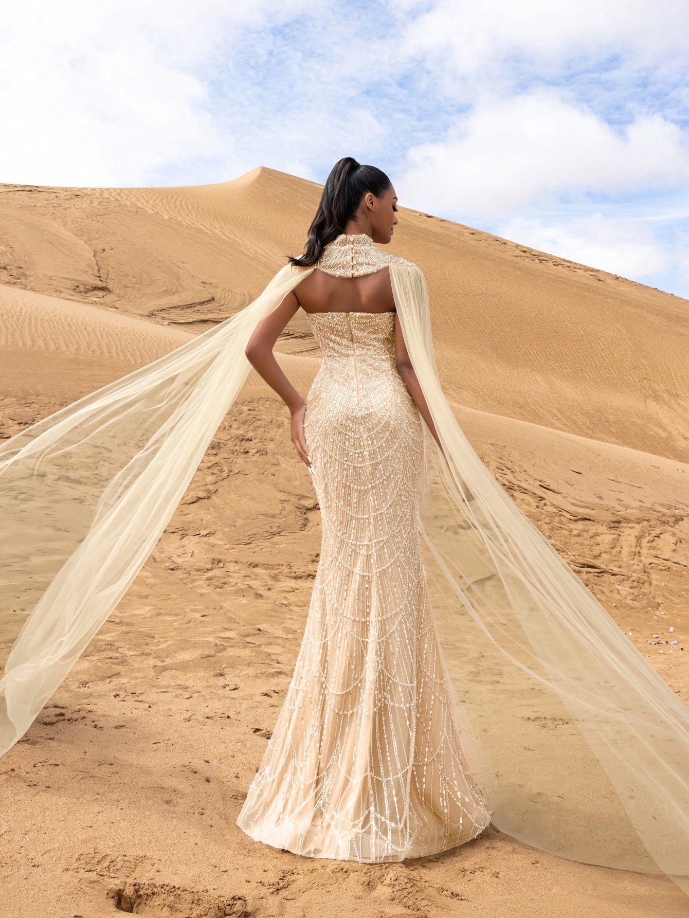 Gorgeous Strapless Mermaid Hem Beaded Formal Dresses & Evening Gowns With Mesh Cape Two-piece Set