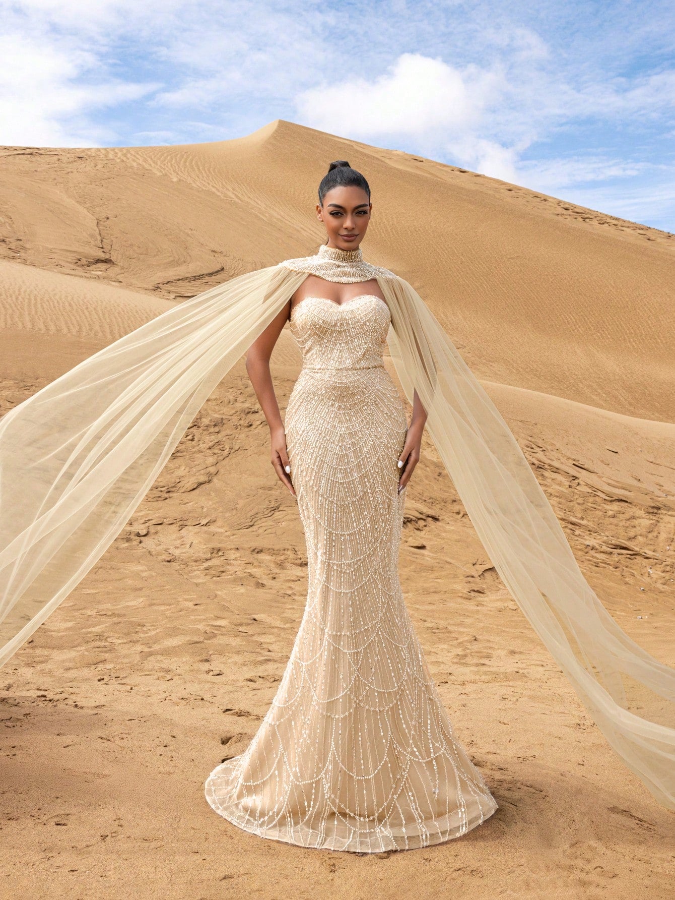 Gorgeous Strapless Mermaid Hem Beaded Formal Dresses & Evening Gowns With Mesh Cape Two-piece Set