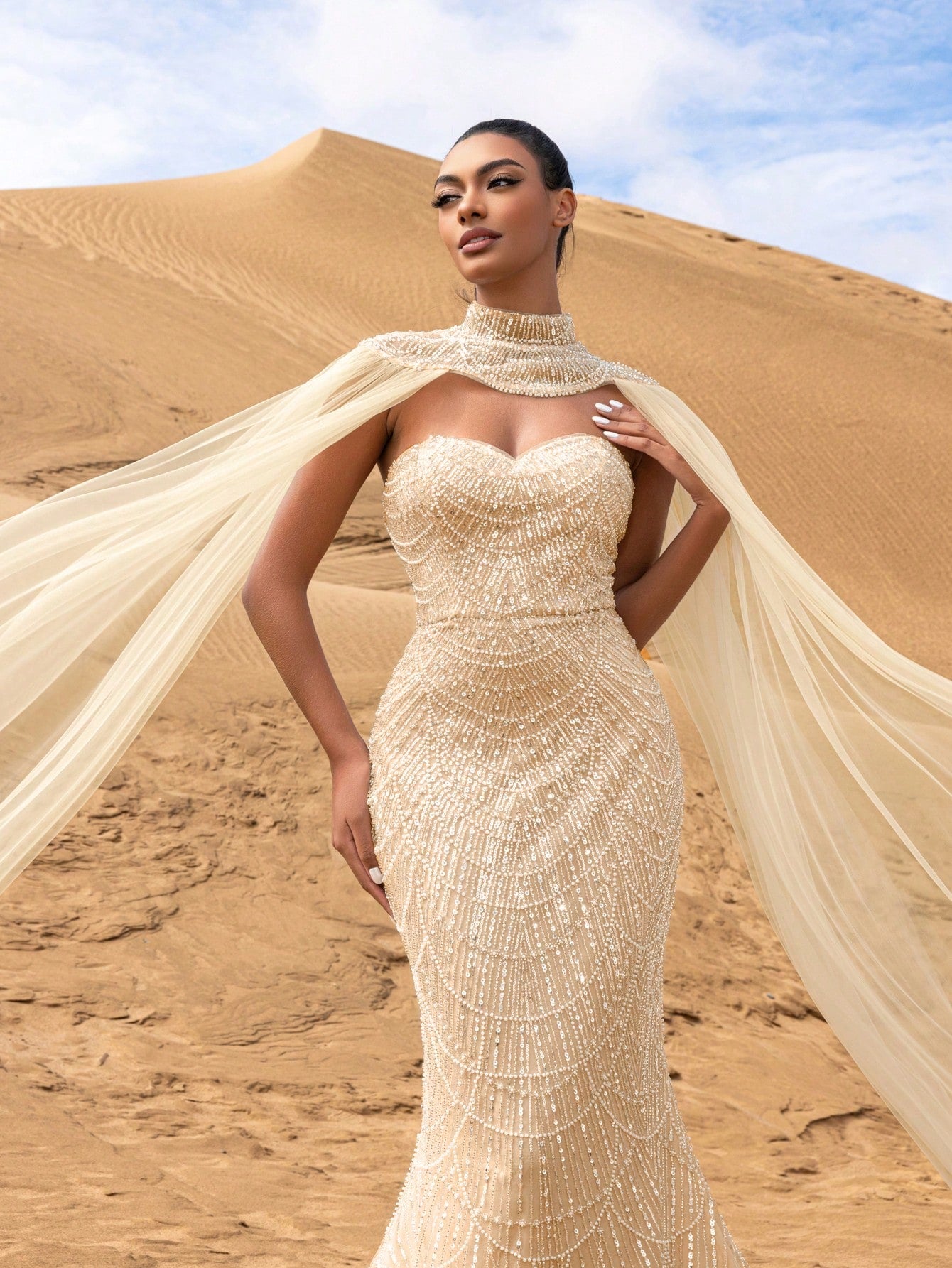 Gorgeous Strapless Mermaid Hem Beaded Formal Dresses & Evening Gowns With Mesh Cape Two-piece Set
