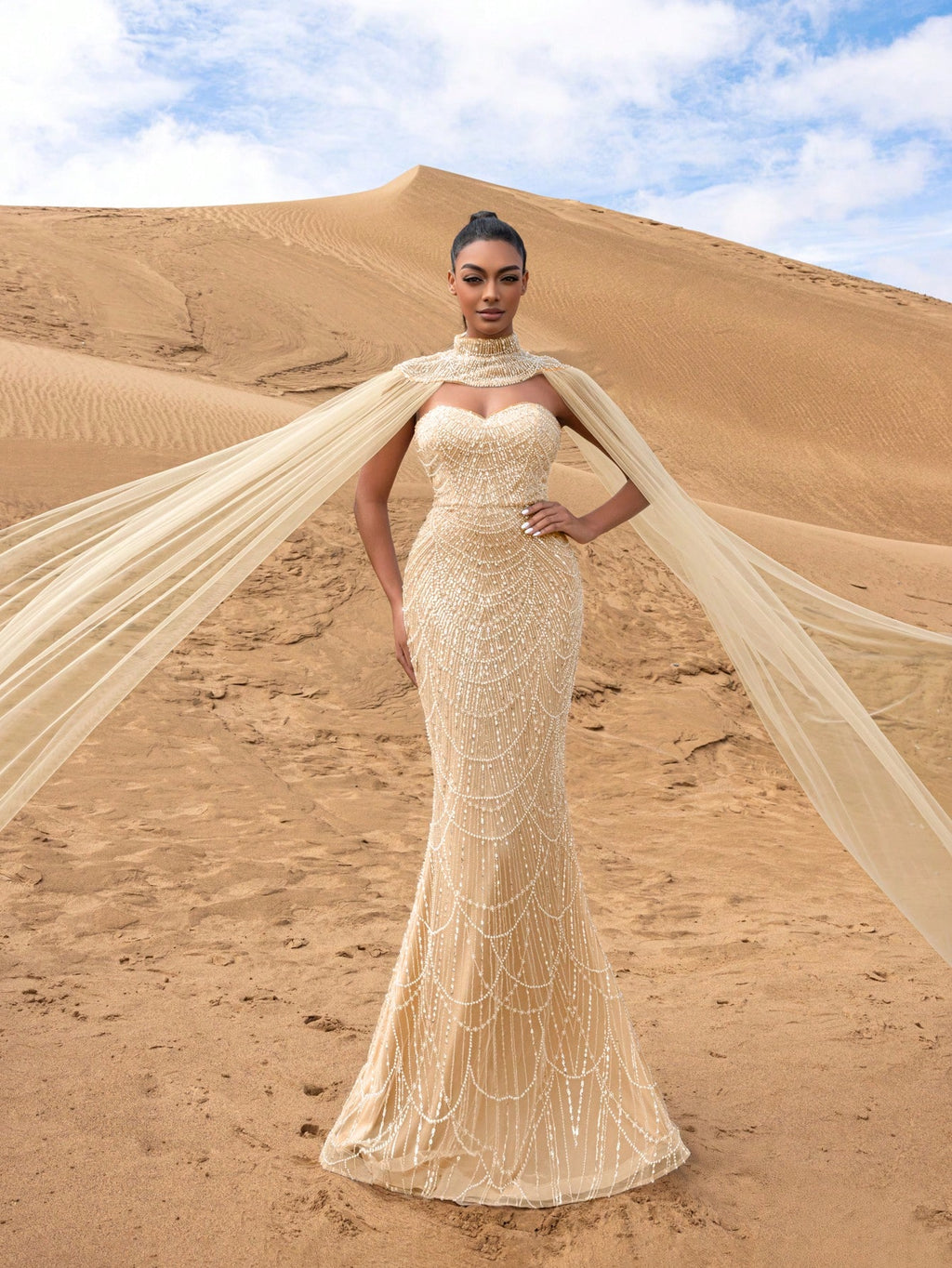 Gorgeous Strapless Mermaid Hem Beaded Formal Dresses & Evening Gowns With Mesh Cape Two-piece Set