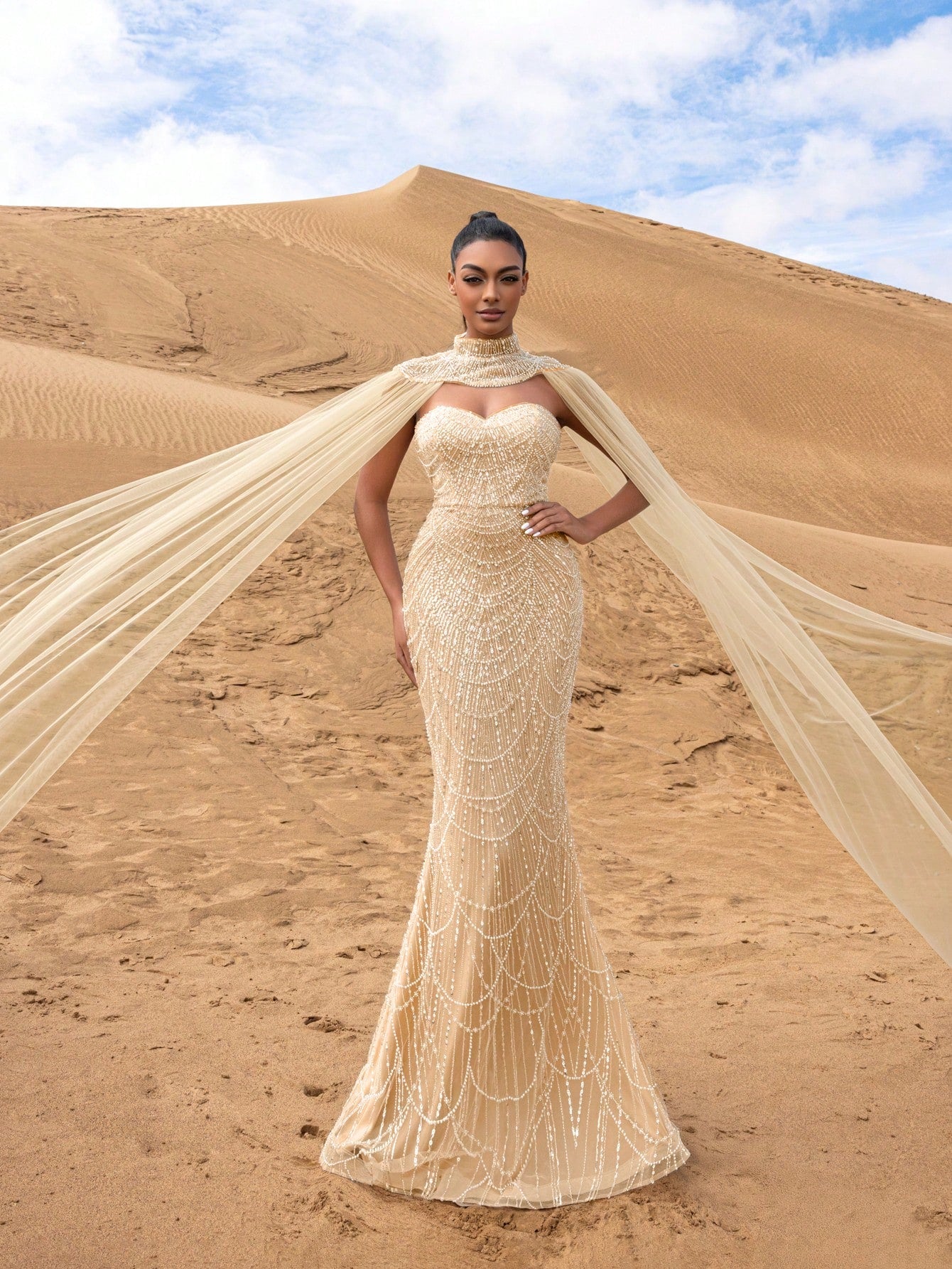 Gorgeous Strapless Mermaid Hem Beaded Formal Dresses & Evening Gowns With Mesh Cape Two-piece Set