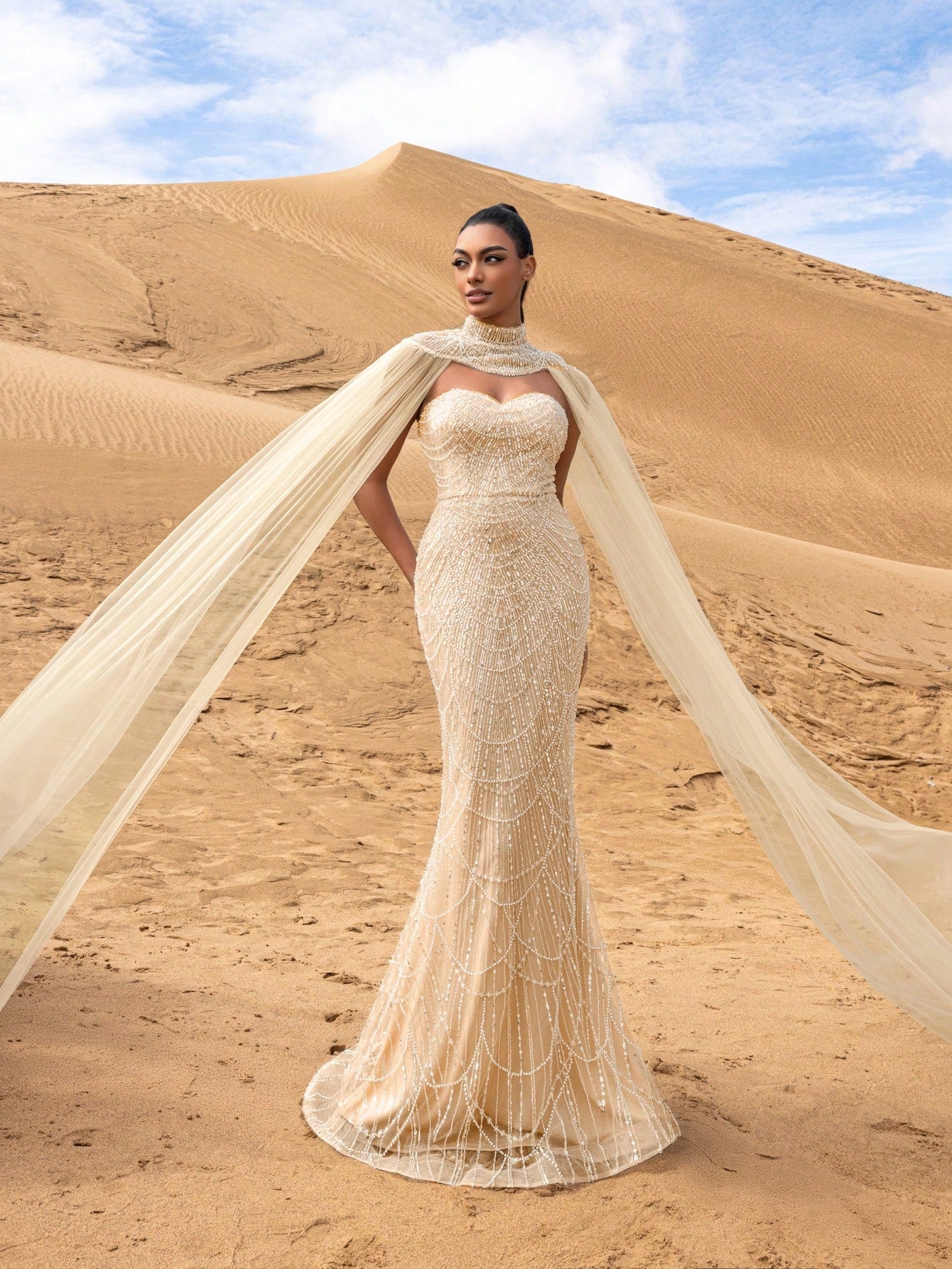 Gorgeous Strapless Mermaid Hem Beaded Formal Dresses & Evening Gowns With Mesh Cape Two-piece Set