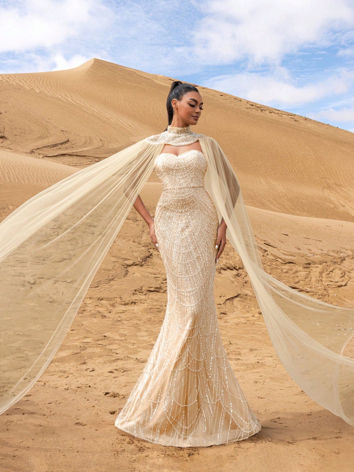 Gorgeous Strapless Mermaid Hem Beaded Formal Dresses & Evening Gowns With Mesh Cape Two-piece Set