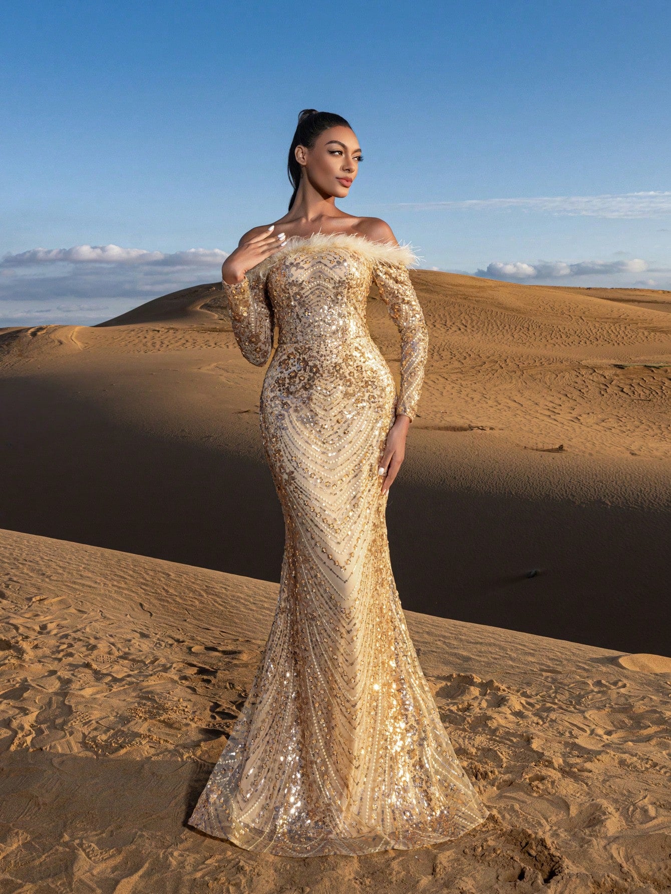 Gorgeous Feather Trim Off Shoulder Mermaid Hem Beaded Formal Dresses & Evening Gowns