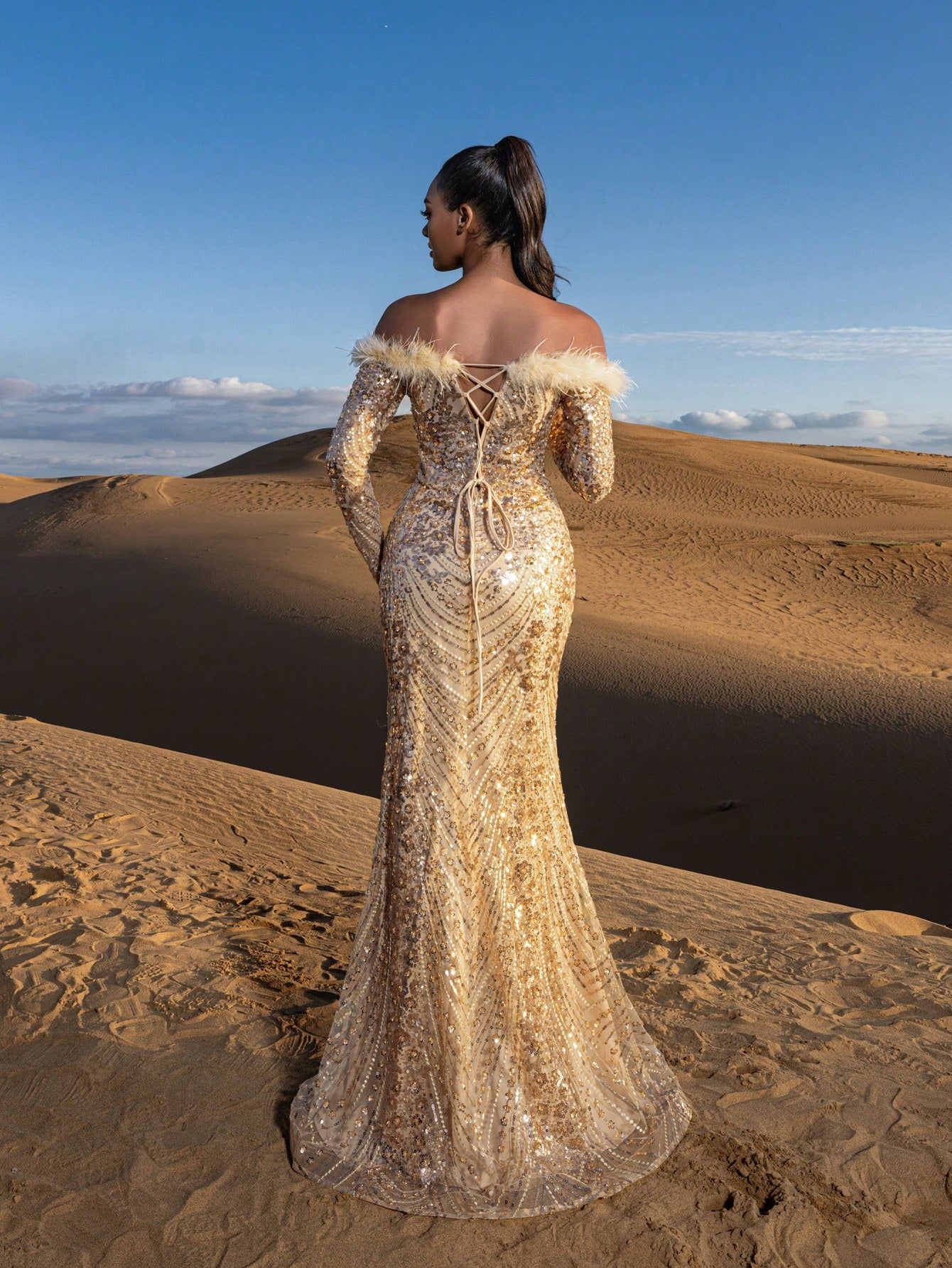 Gorgeous Feather Trim Off Shoulder Mermaid Hem Beaded Formal Dresses & Evening Gowns