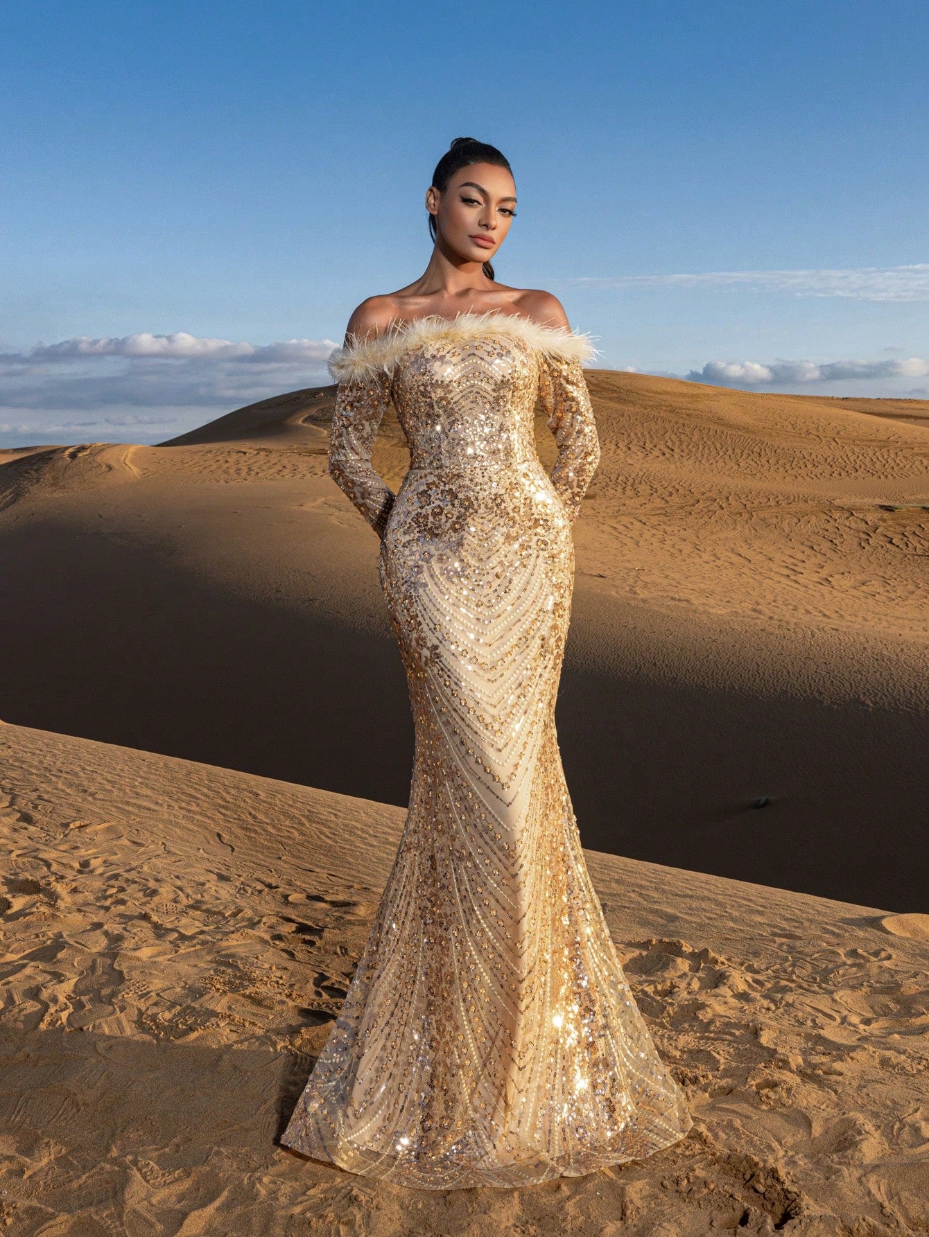 Gorgeous Feather Trim Off Shoulder Mermaid Hem Beaded Formal Dresses & Evening Gowns