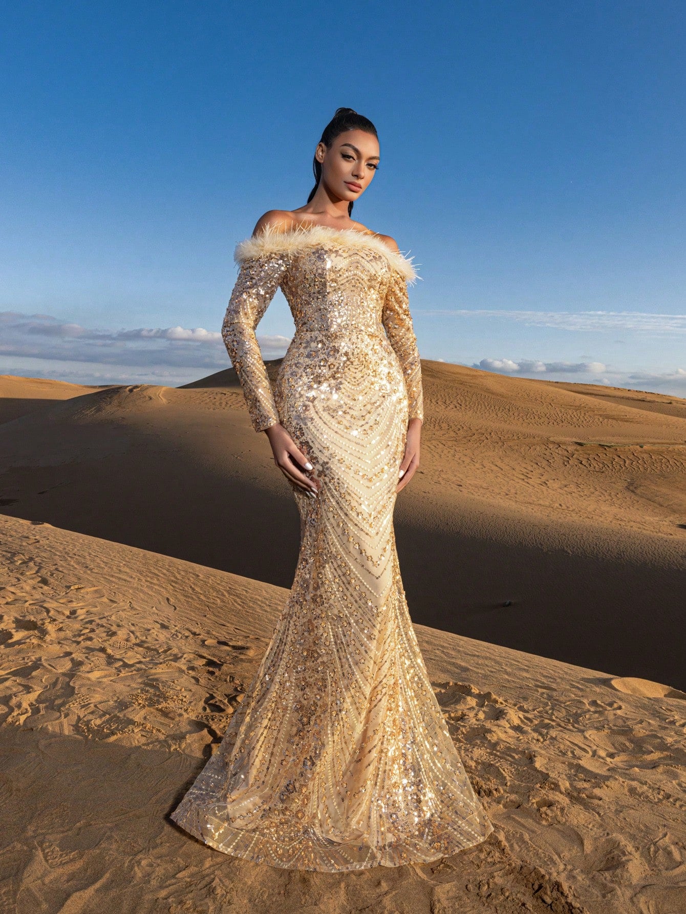 Gorgeous Feather Trim Off Shoulder Mermaid Hem Beaded Formal Dresses & Evening Gowns