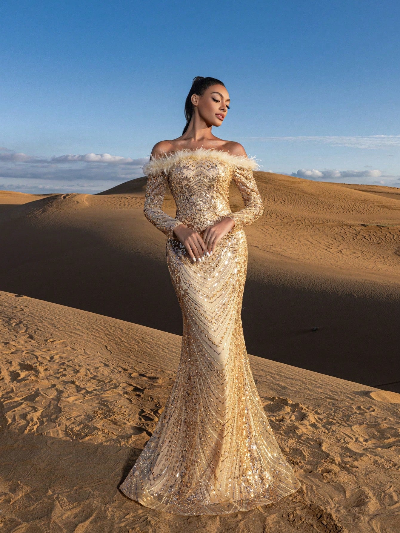 Gorgeous Feather Trim Off Shoulder Mermaid Hem Beaded Formal Dresses & Evening Gowns