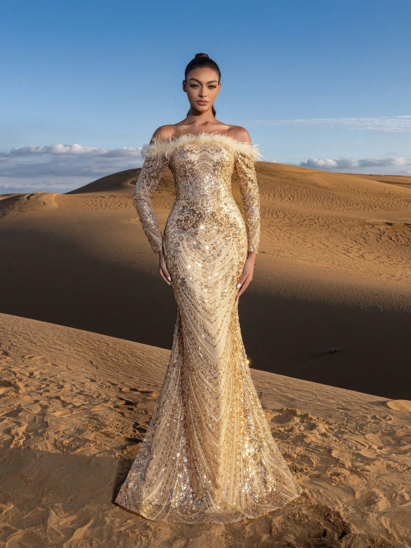 Gorgeous Feather Trim Off Shoulder Mermaid Hem Beaded Formal Dresses & Evening Gowns