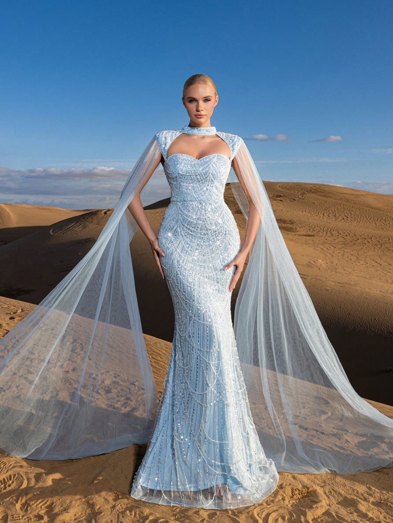Choker Neck Backless Extra-Long Sleeves Beaded Formal Dresses & Evening Gowns Dress & Embellished Dress