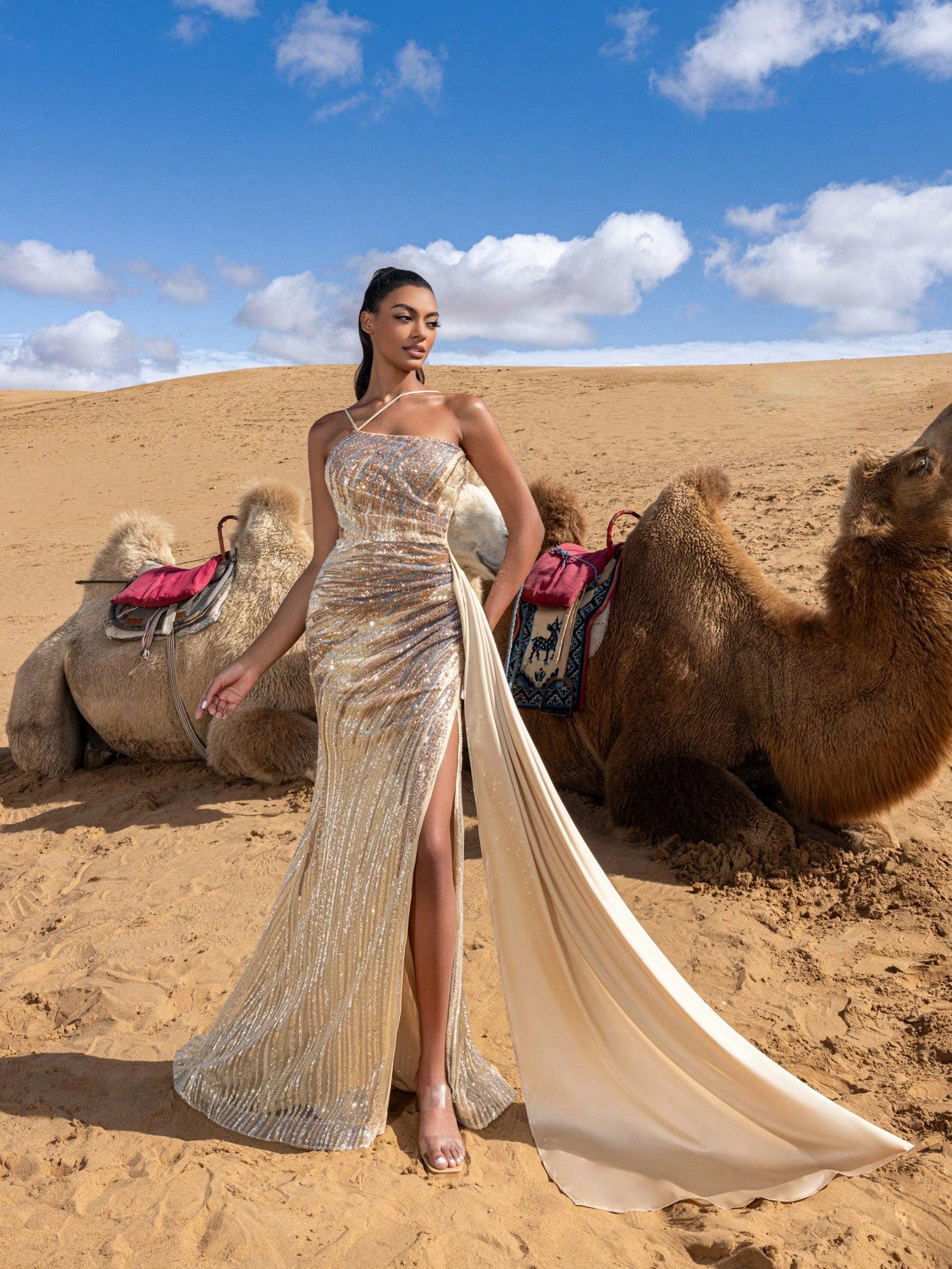 Gorgeous Beaded Sequin Full-Length Gown with High Slit & Sleek Design
