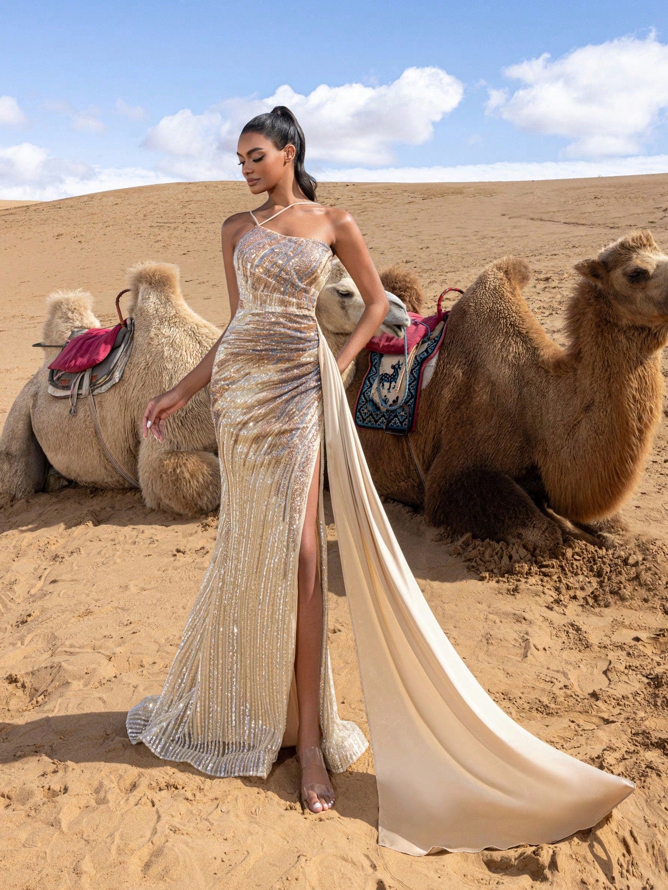 Gorgeous Beaded Sequin Full-Length Gown with High Slit & Sleek Design