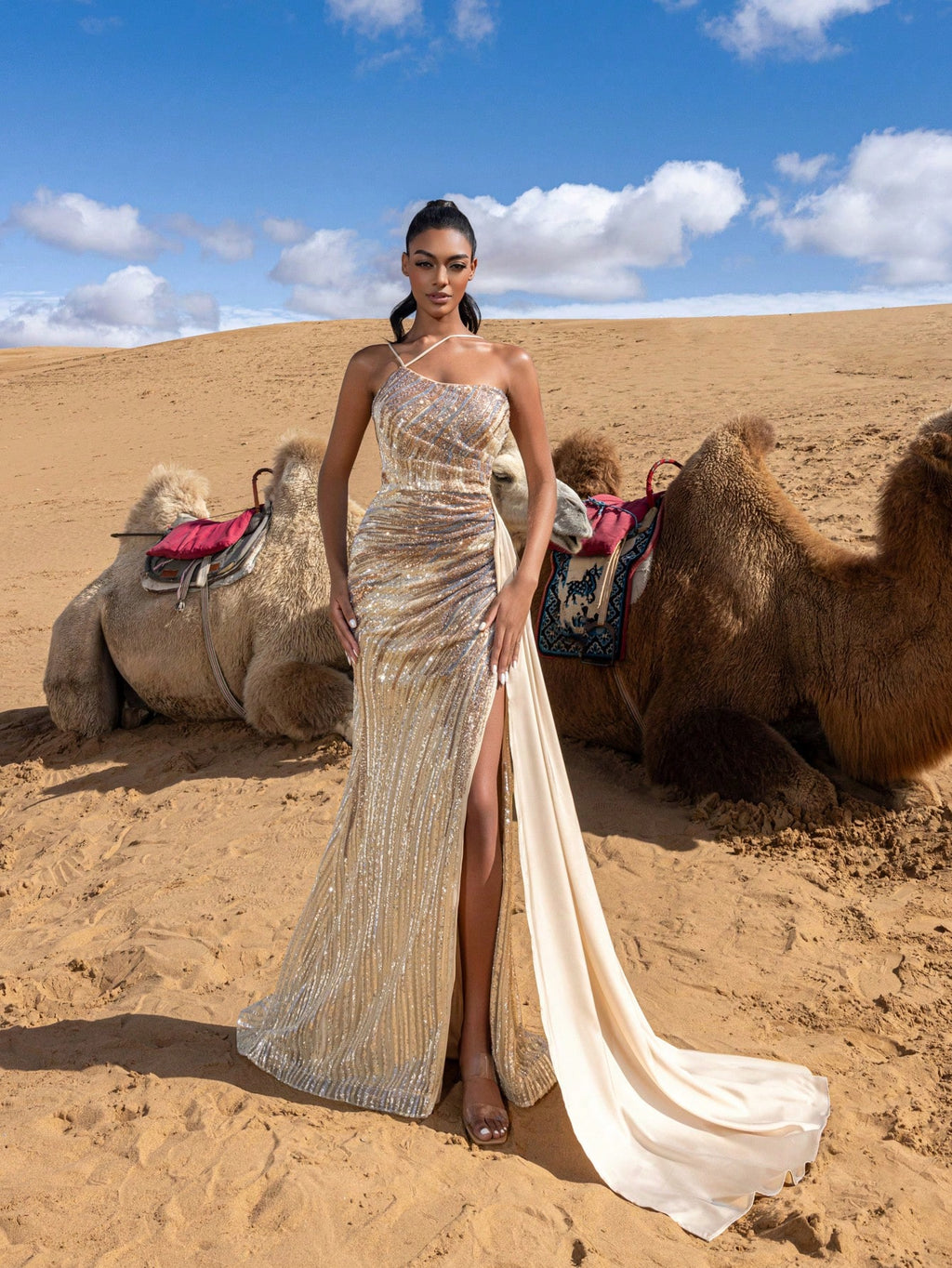 Gorgeous Beaded Sequin Full-Length Gown with High Slit & Sleek Design