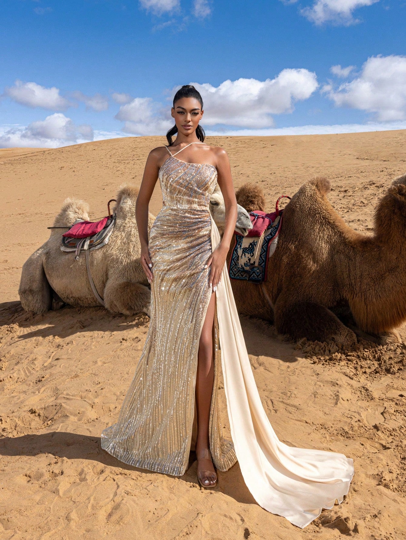 Gorgeous Beaded Sequin Full-Length Gown with High Slit & Sleek Design